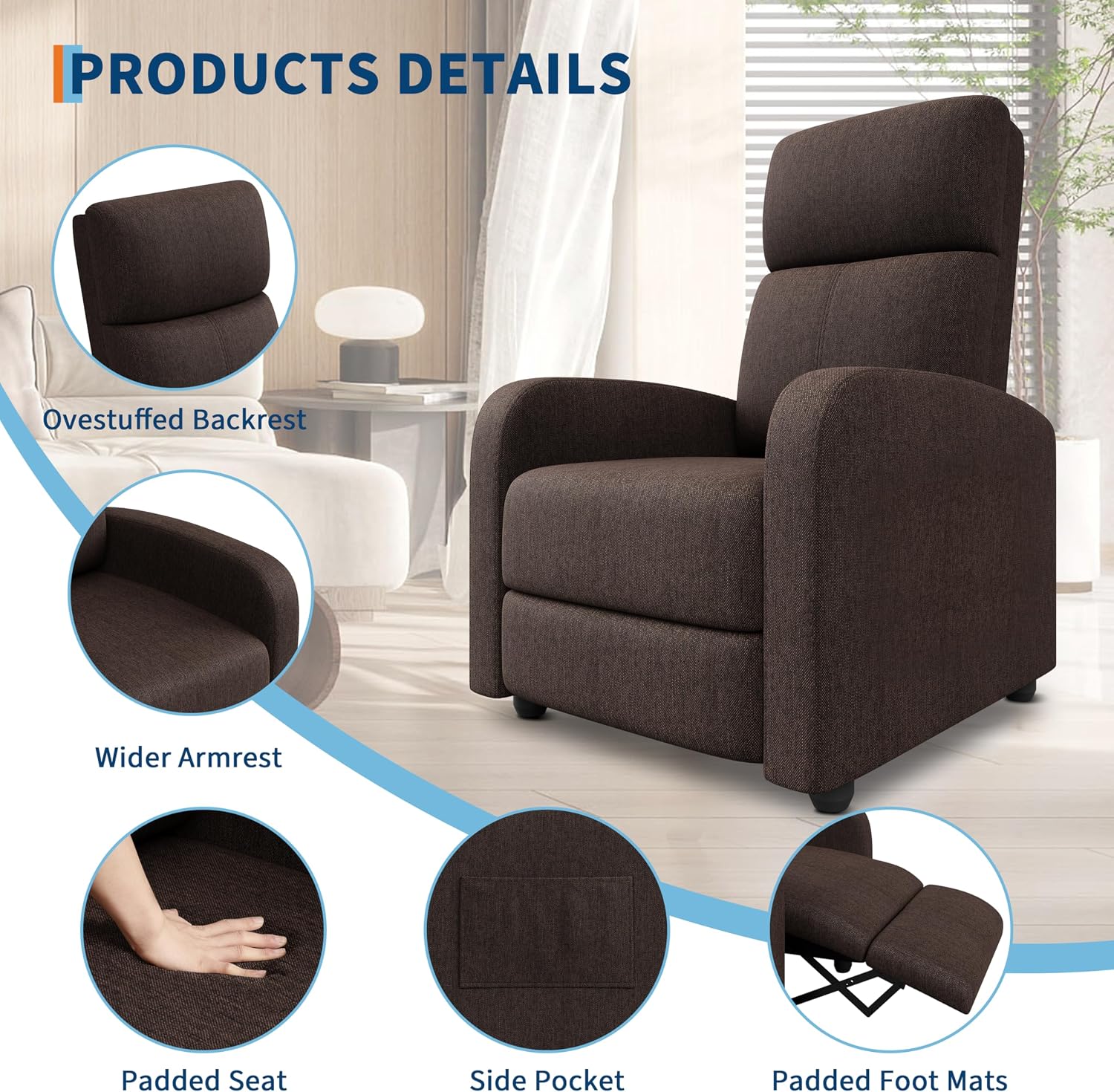 TROPOW Oversized Manual Recliner Chair, 300 LBS Max Load Capacity, Adjustable Push-Back Fabric Armchair with Side Pocket, Ergonomic Lumbar Support, for Living Room Bedroom Home Theater, Brown