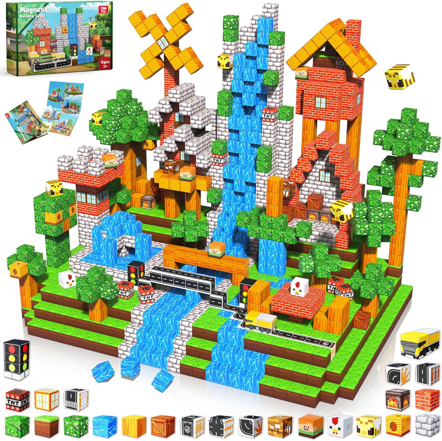 Magnetic Blocks - 150PCS Magnetic Building Blocks Road Forest Magnetic Cubes - STEM Toys for Montessori Toddler Birthday Gifts -STEM Sensory Construction Toys for Kids Ages 3+ for Boy & Girl