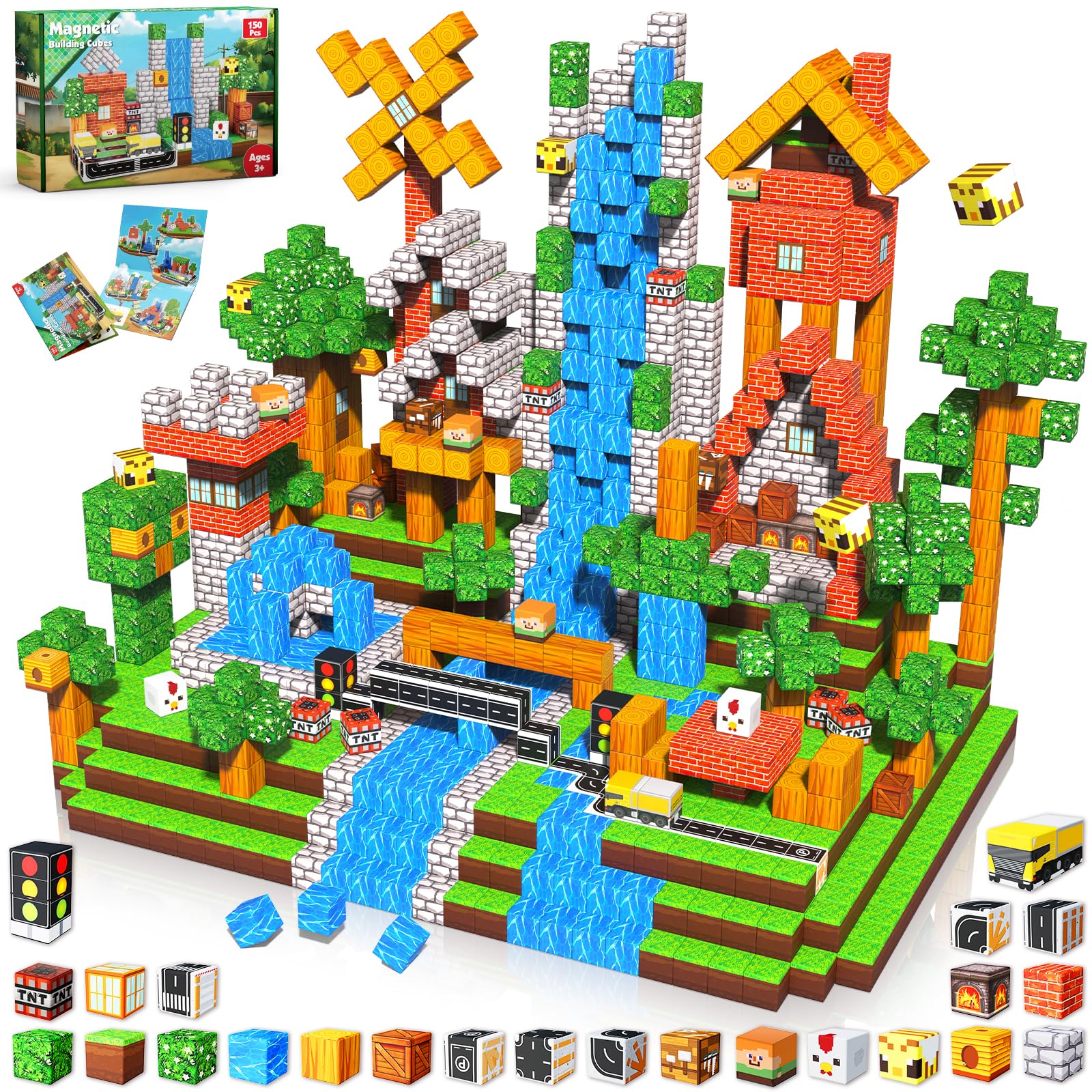 Magnetic Blocks - 150PCS Magnetic Building Blocks Road Forest Magnetic Cubes - STEM Toys for Montessori Toddler Birthday Gifts -STEM Sensory Construction Toys for Kids Ages 3+ for Boy & Girl