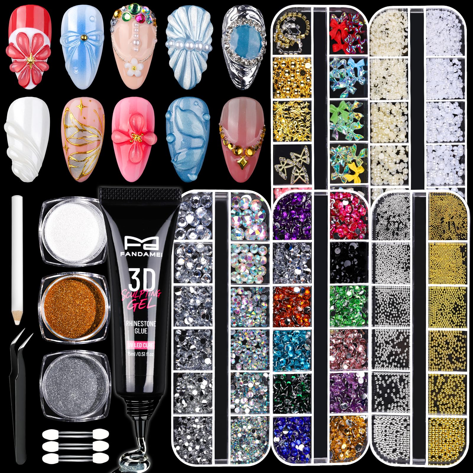 FANDAMEI 3D Gel Kit, 15g 3D Nail Sculpting Gel, 5 Box Nail Pearls Charms and Gems Clear&AB Nail Rhinestones, Metal Nail Beads&Gold Silver White Pearl Chrome Powder for DIY Manicure, UV/LED Lamp Needed