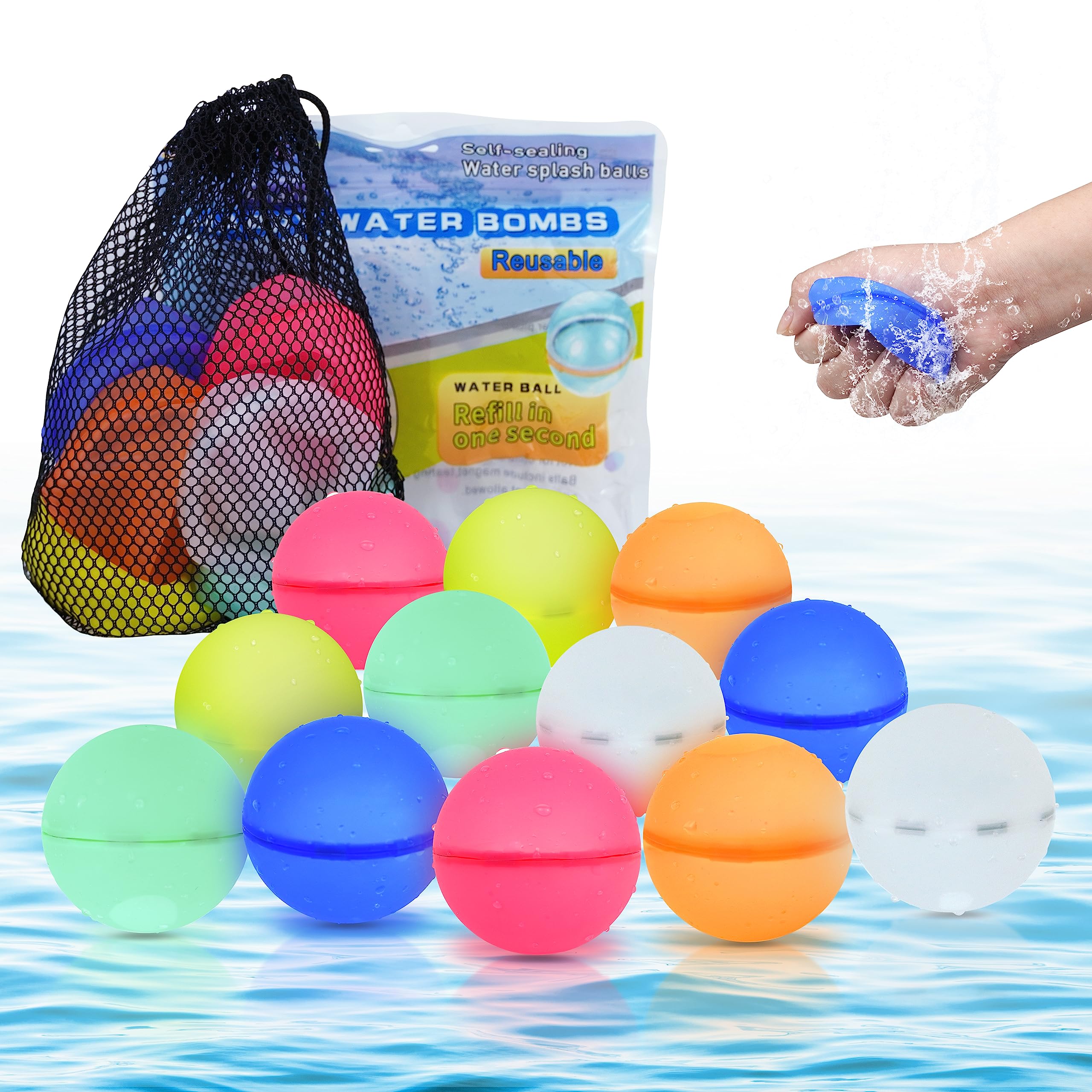 Reusable Water Balloons 12PCS, Magnetic Refillable Water Balloons for Kids Adults, Self Sealing Silicone Water Balls Toy for Summer Outdoor Activities