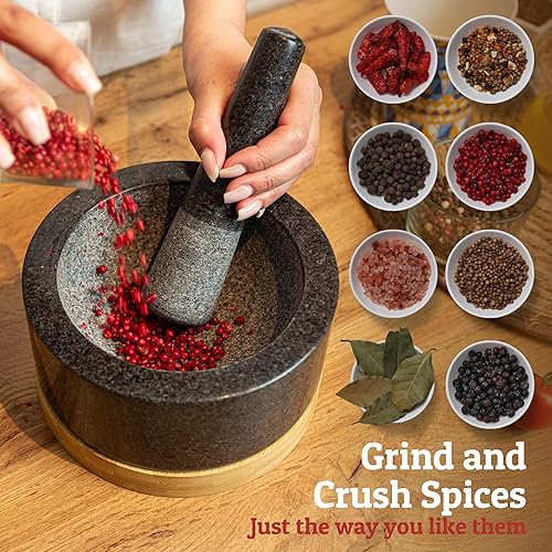 Miniatura 3 de Juego de mortero y mortero de alta resistencia con base de bambú, 4 tazas extragrandes, mortero de granito 100% natural y cuenco de molinillo de