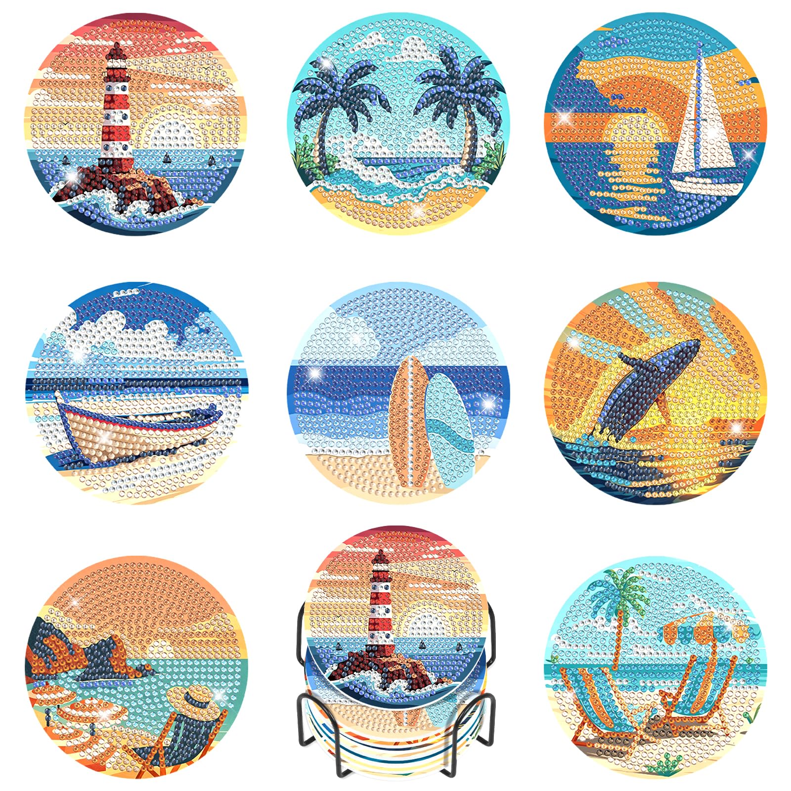 Kalonyth 8 Pcs Beach Diamond Art Coasters Kits with Holder Cork, 4x4in