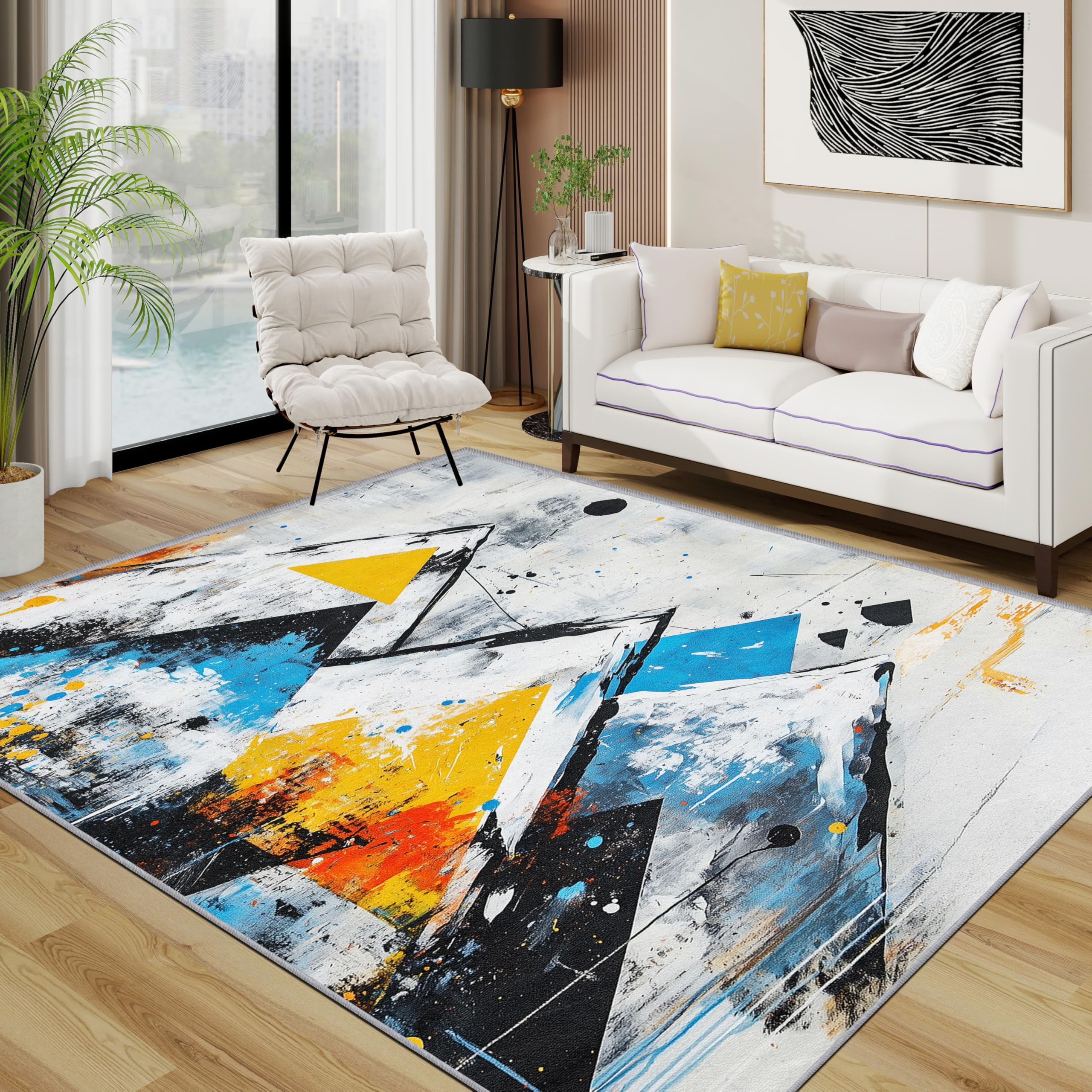 TerroVee Abstract Area Rugs for Living Room 100x150 - Colourful Mountain Landscape Rug for Bedroom, Minimalist Modern Artistic Non Slip Washable Short Pile Carpet, Abstract Room Decor