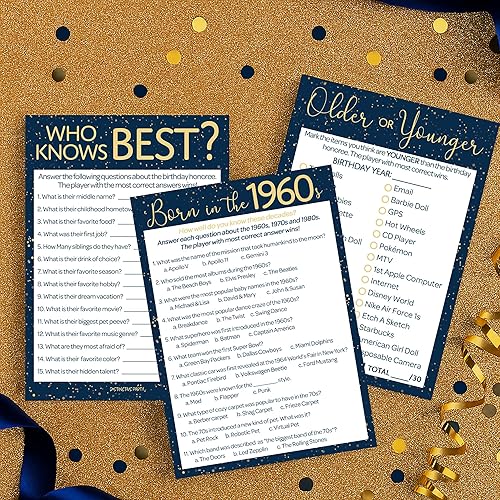 Miniatura 2 de DISTINCTIVS Navy Blue and Gold 60th Birthday Game Bundle - Set of 3 Birthday Party Games for 20 Guests, Born in The 1960s Theme Blue Gold