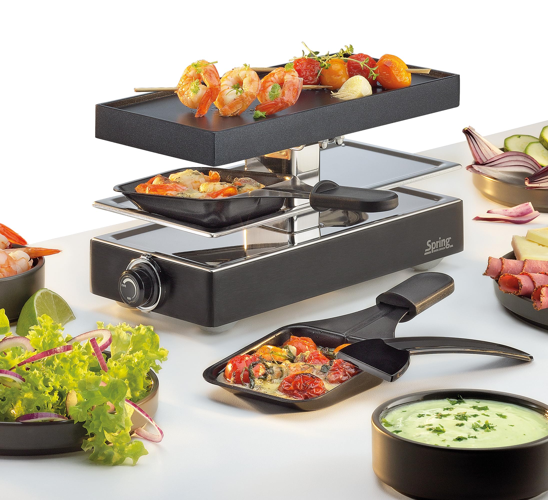 Spring RACLETTE8 Classic Duo Raclette Tafelgrill, elektrisch, anti- aanbaklaag, aluminium grillplaat & graniet grillplaat met sapgoot, 8 pannetjes, 8 racletteschrapers, stelniveau