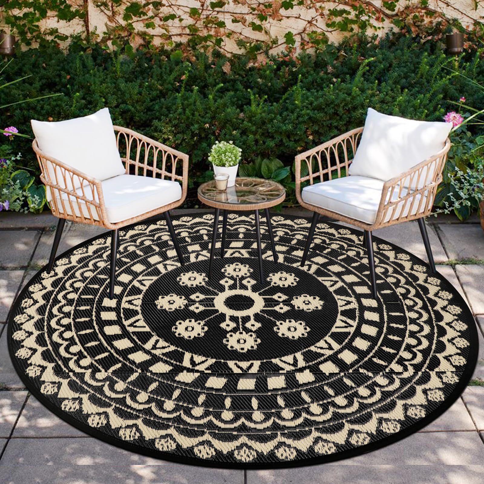 Capslpad Outdoor Teppich Rund 180 cm, Wetterfest Vorzeltteppich Camping Teppiche, Kunststoff Picknickdecke, Leichtgewicht Outdoorteppich für Balkon Picknick Camping Garten Terrasse Strand RV, Beige