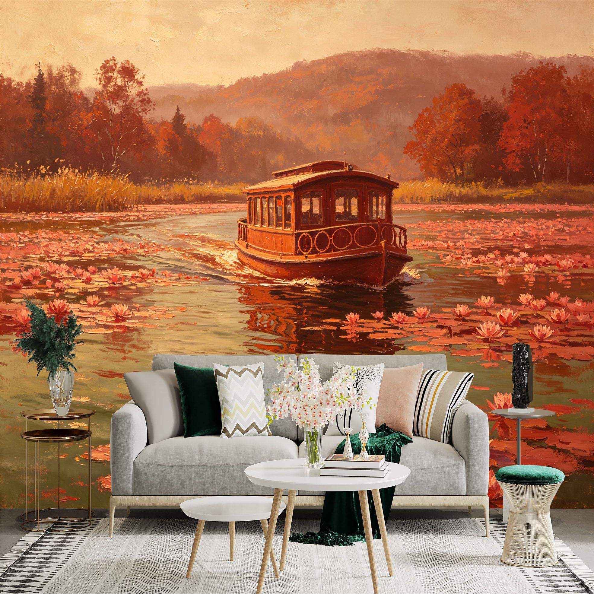 Custom Size Wall Sticker Mural， Wooden Boat on Calm Lake， Pink Water Lilies， Autumn Scenery， for wall Decoration， peelandstick wall Decals.