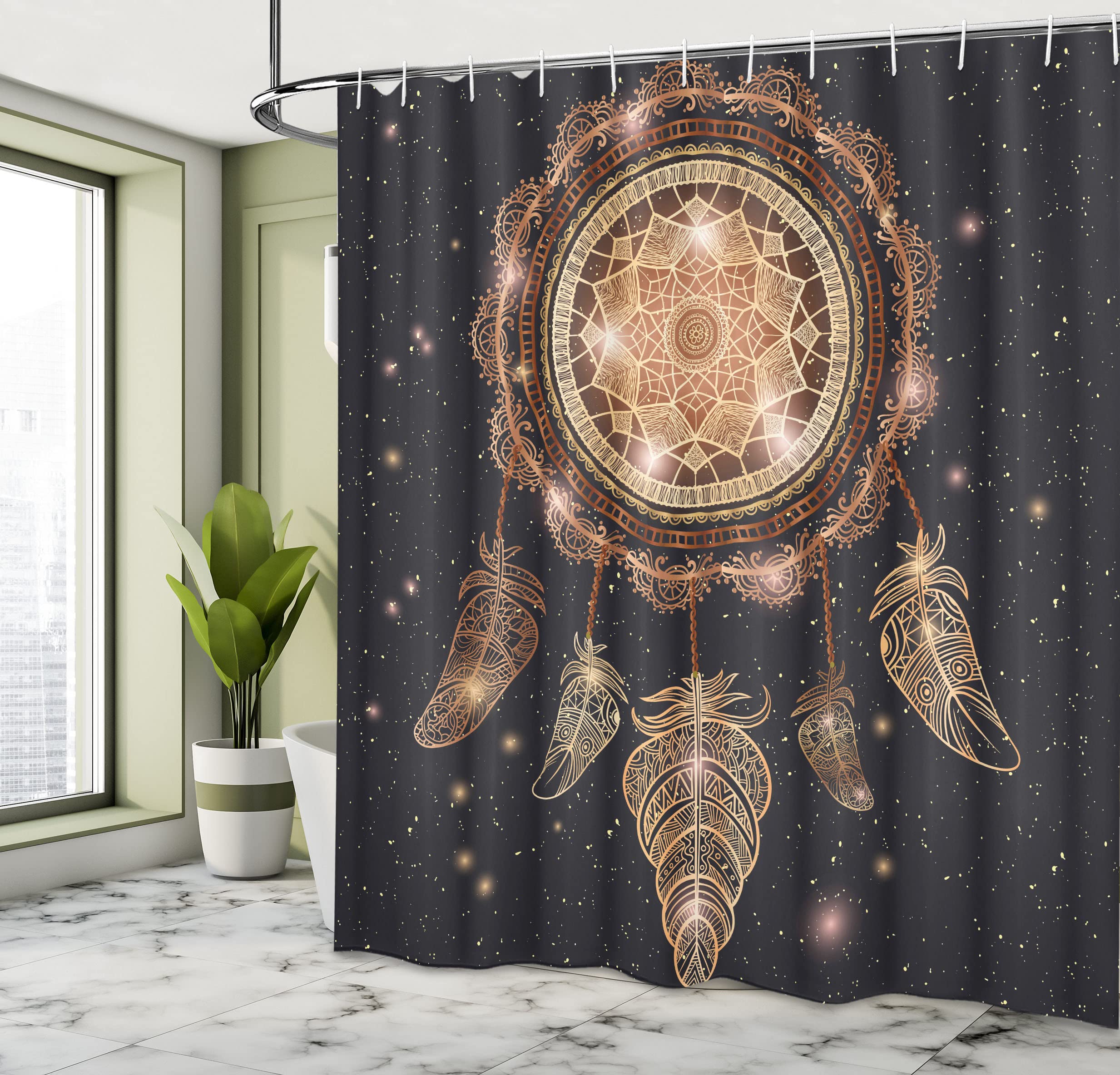 ABAKUHAUS Mandala Shower Curtain, Dreamcatcher Motif Magic Feathers Hippie Design on Starry Backdrop - Image 4