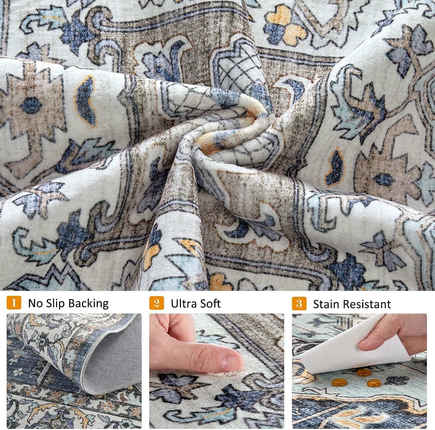 3x5 Washable Area Rugs for Living Room: Non Slip Vintage Blue Yellow Rug, Large Soft Stain Resistant Indoor Floor Carpets for Bedroom Dining Room Nursery Home Office Kid & Pet Friendly