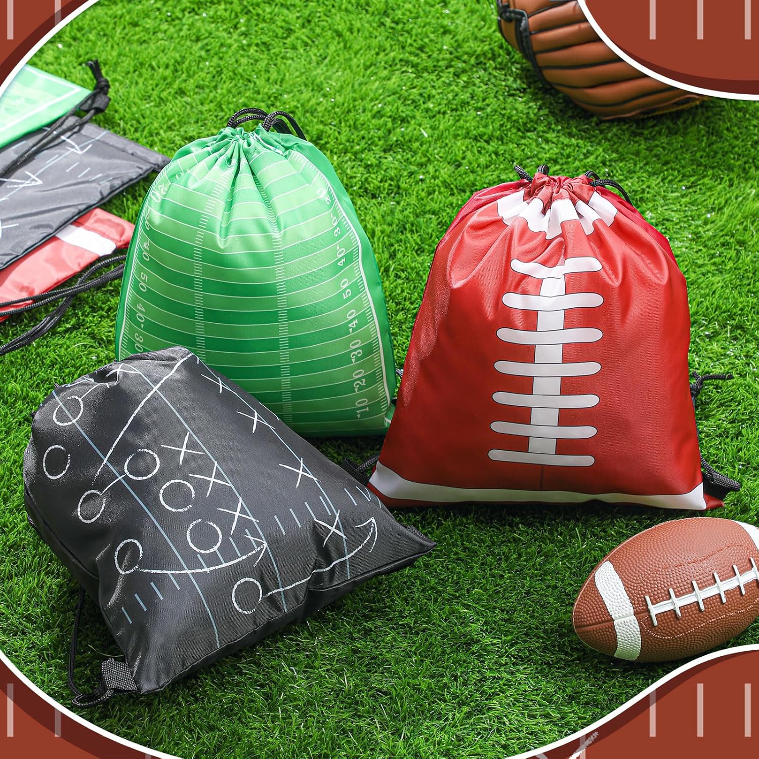 Sweetude 12 Pcs Football Drawstring Gift Bags Bulk Football Party Favor Goodie Bags 12 x 10 Inch Sports Backpack for Game Day Gym Teams Travel Small Snack Treat Storage Supplies, Brown, Green, Brown - Image 3