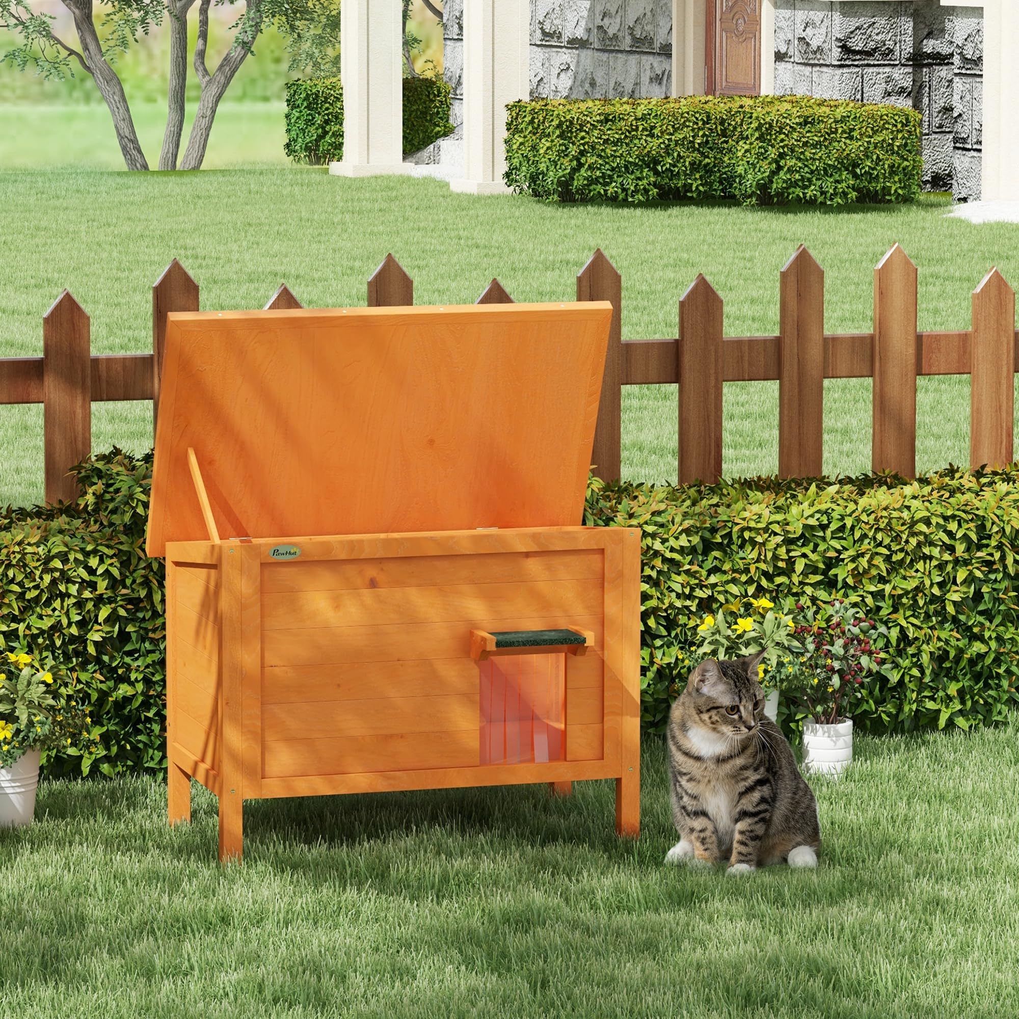 PawHut Casa de Madera para Gatos, Cueva Exterior Aislada Con Cortina en la Puerta, Casita para Animales en Diseño Elevado, para Jardín, Balcón, Naranja, 60 x 60 x 81,5 cm | Caseta para gatos con techo de asfalto, patas de suelo, cueva para gatos, para ext