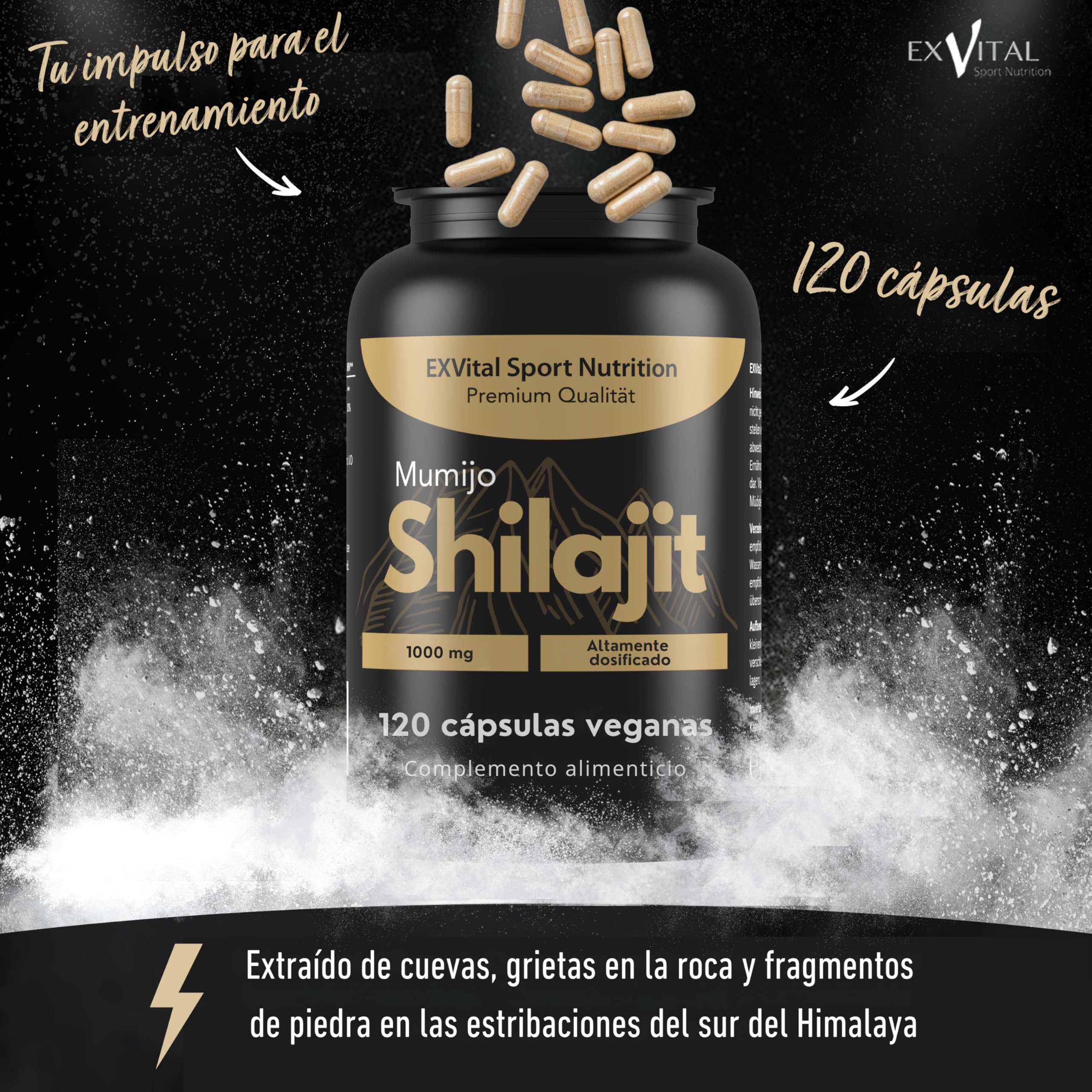 Cápsulas de Mumijo Shilajit, alta dosis de 1000 mg por toma diaria, el producto original del Himalaya, 120 cápsulas, veganas y analizadas en laboratorio