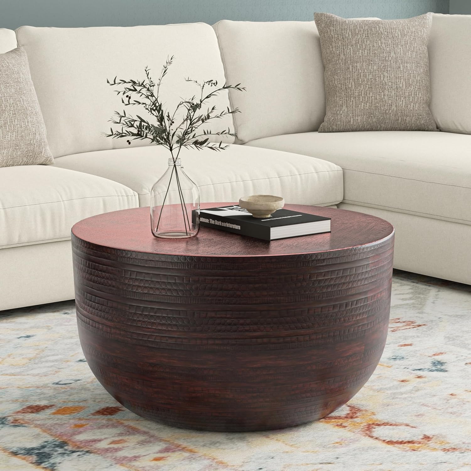 SIMPLIHOME Johnsen Metal Coffee Table - 30 inch Wide Solid Metal Round Drum Accent Table in Bronze, Boho Coffee Table for Living Room or Bedroom with Decorative Textured Design, Assembled