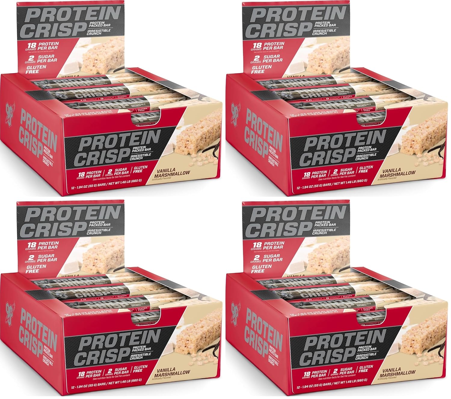 BSN Protein Crisp Bar, Vanilla Marshmallow, 18 Gram Protein Snack Bars with Whey and Fiber, Gluten-Free Crunchy Energy Bars for Workout, Fitness, On-the-Go, 12 Count (Pack of 4)