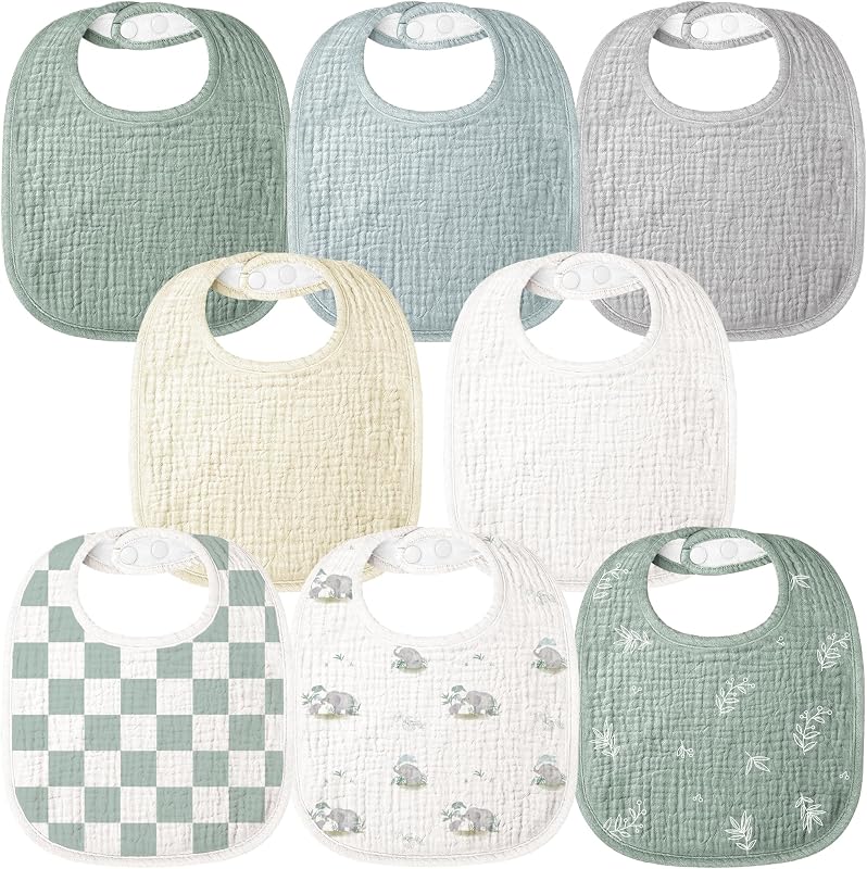 Baberos Bearmoss para babeo y dentición Baberos de muselina 100% algodón | Paquete de 8, ajustable, ultra absorbente, fácil de limpiar para bebés y niñas, bebés, niños pequeños, recién nacidos, 0-36 meses
