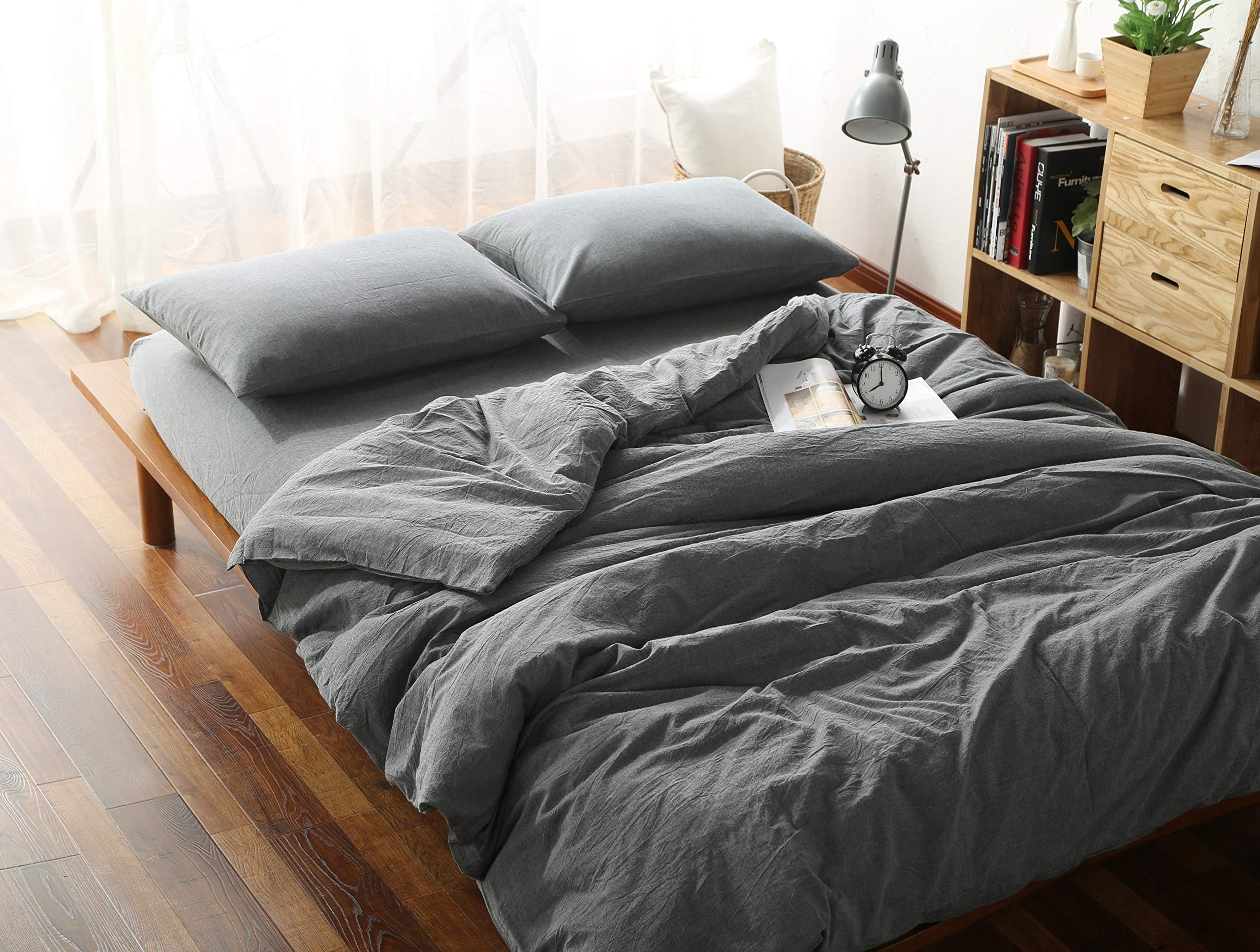 F.Y.Dreams 100% Washed Cotton Duvet Cover for Weighted Blanket 80x87 inches with 8 Ties, Zipper on Long Side/Grey/Just Duvet Cover