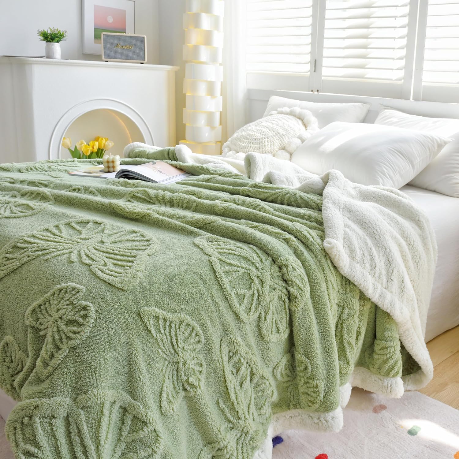 UKELER Sherpa Fleece Blanket 60 × 80 inch, Ultra Soft Twin Size Throw Blanket for All Season, Cozy Plush Butterfly Blankets for Bed Couch Sofa Office Camping, Green - Image 4