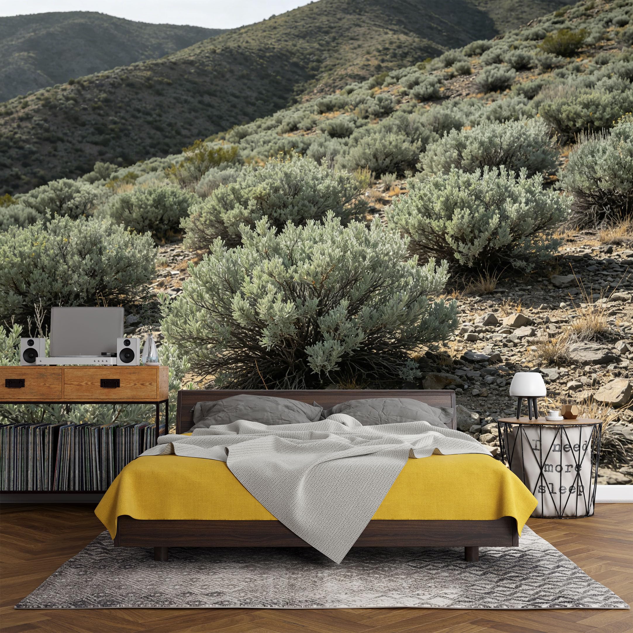 Custom Size Wall Mural， Desert Mountain Landscape Sagebrush Hills Nature Scenery，SelfAdhesive Art Prints wall Fabric (No PVC) Removable Wallpaper Living Room Decor