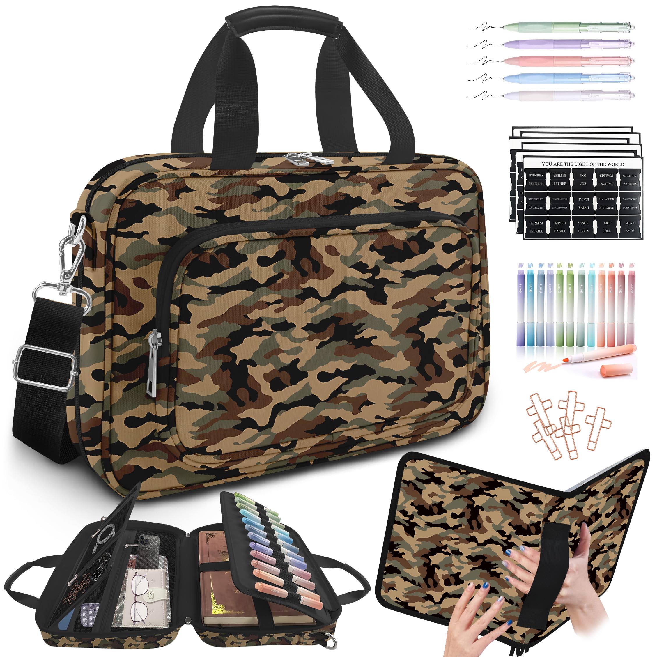 bolimoss Camouflage Bible Cover for Men Boys, Bible Case with Handle Strap for Church, Large Bible Carrying Case with Zipper Pockets, Bible Accessories with Pens Highlighters Cross Clip,Christian Gift