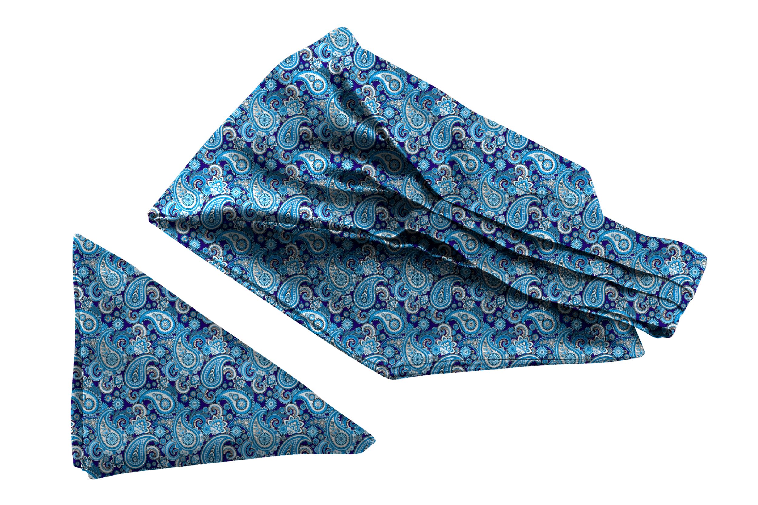 Blue Paisley Printed Satin Neckwear Ascot and Matching Pocket Square Set for Men