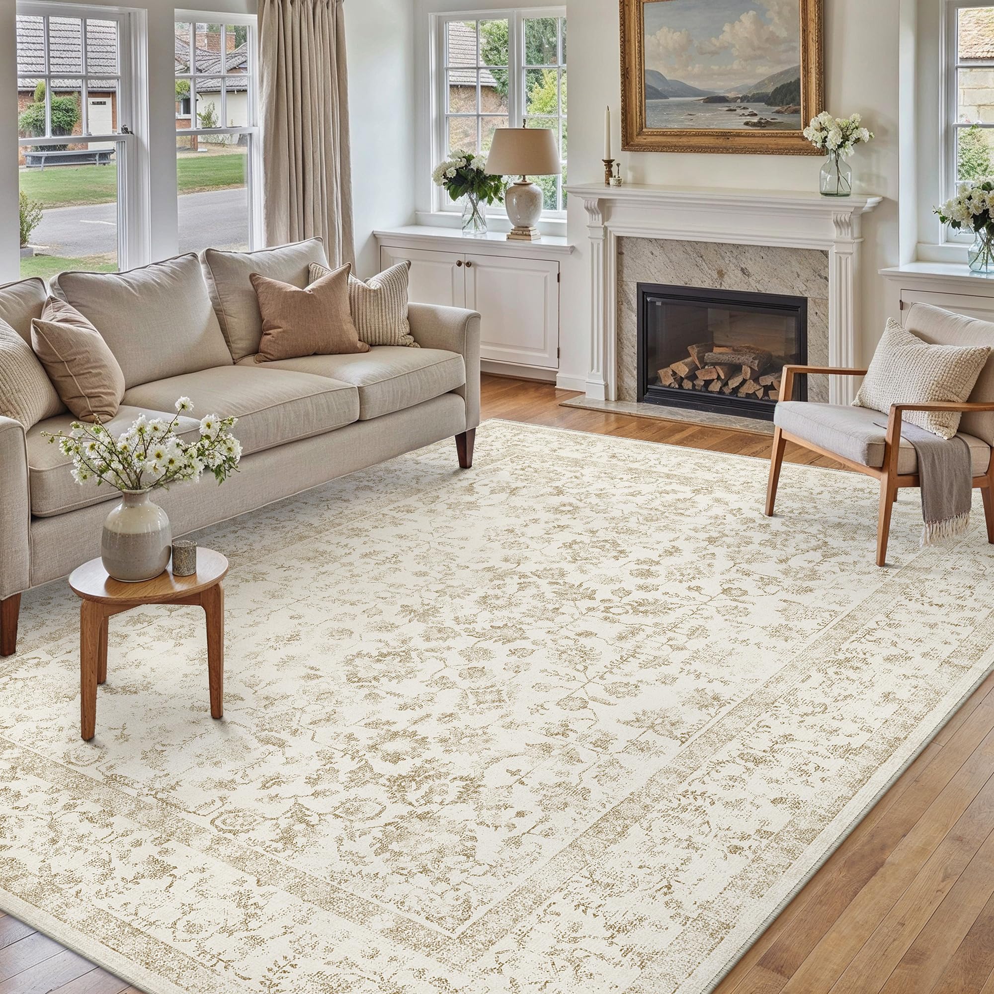 PureCozy Beige Teppich Wohnzimmer 200x300cm Vintage Waschbarer rutschfest Kurzflor Weich Bumen Boho Retro Groß Teppiche für Schlafzimmer Küchen Esszimmer Bedroom Living Room