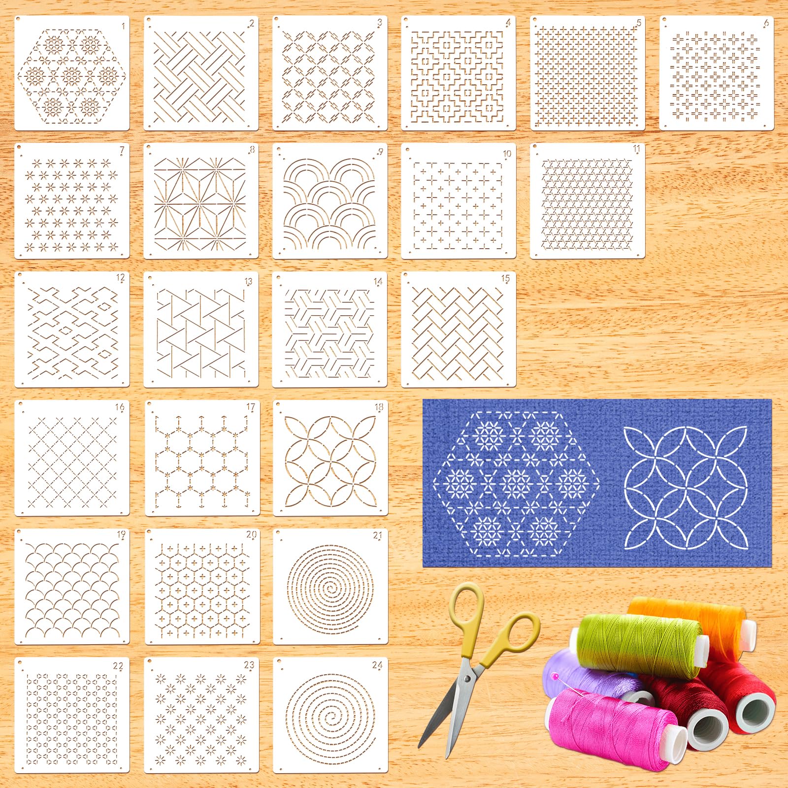 24Pcs Sashiko Stencil Quilting Stencils Wash Away for Crafts, Embroidery Stencils Geometric Line Stencils Kit, Quilting Templates for Sewing Hand Quilting Crafting Clothes - Image 4