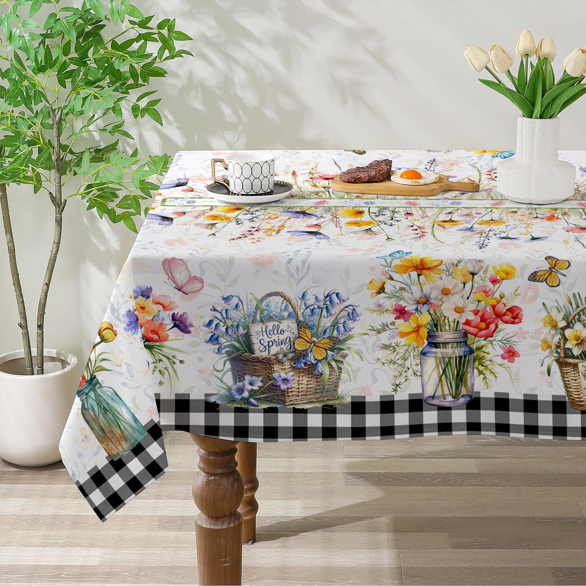 Spring Tablecloth 52x70 Inches, Flower Vase Tablecloth Spring Decorations for Home, Floral Spring Table Cloth Rectangle for Party,Table
