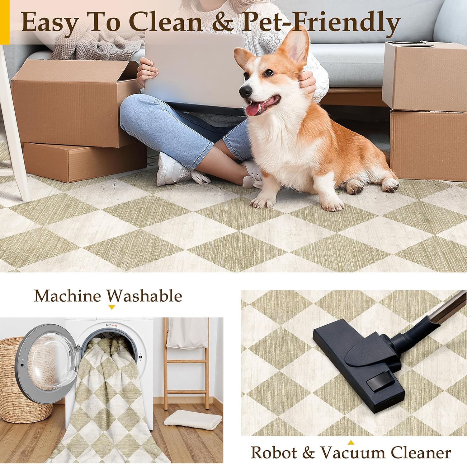 8x10 Checkered Beige Area Rug for Living Room Bedroom Washable Soft Modern Non Slip Large Throw Rug Lightweight Low Pile Neutral Carpet Dining Room Office Classroom Nursery Playroom