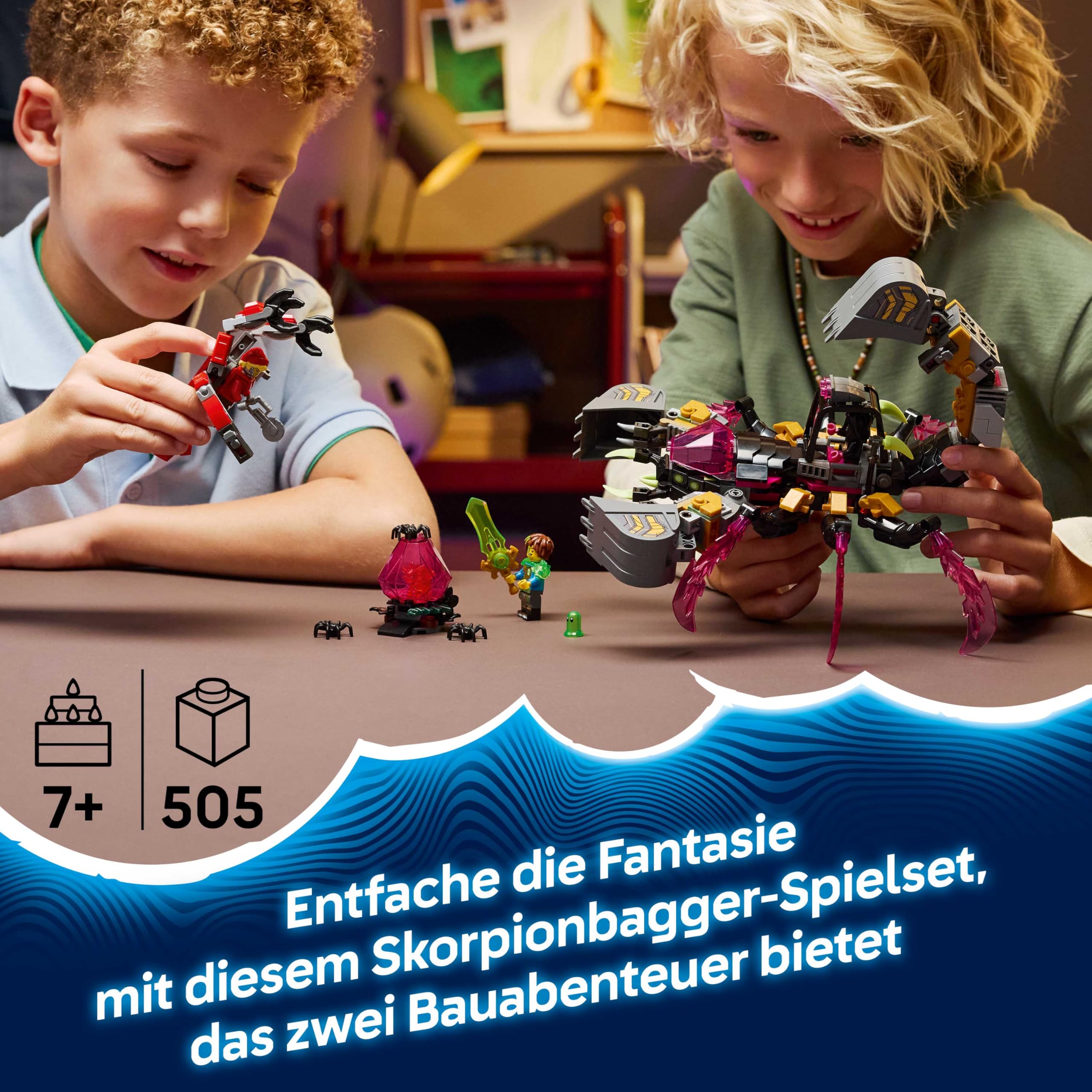 LEGO DREAMZzz 2in1 Albtraum-Skorpionbagger - Spielzeug in Wespenfigur verwandelbar - inkl. 3 Minifiguren und Einer sammelbaren orangefarbenen Schatz-Kreatur - Geschenk für Jungen ab 7 Jahren - 71513