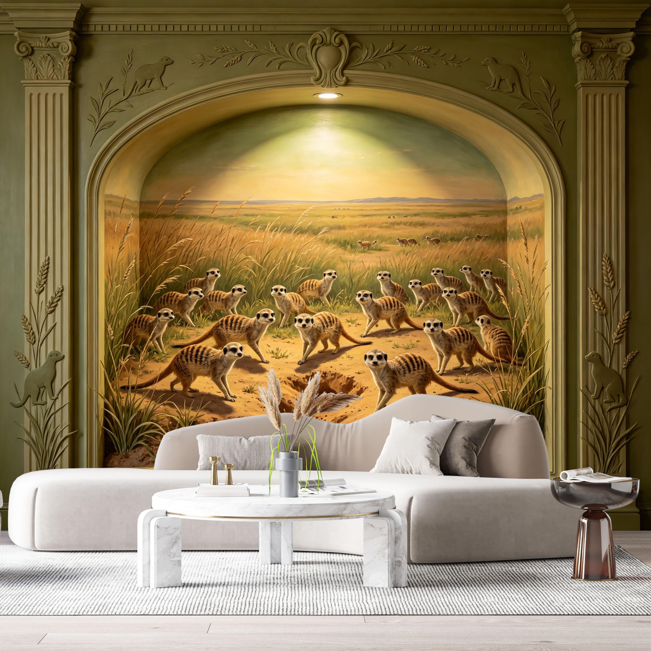 Custom Size Wall Murals Meerkats Savanna Diorama Neoclassical 3D Trompe L'Oeil SelfAdhesiveWall Fabric Removable Wallpaper Wall Decor for Living Room Bedroom Bathroom