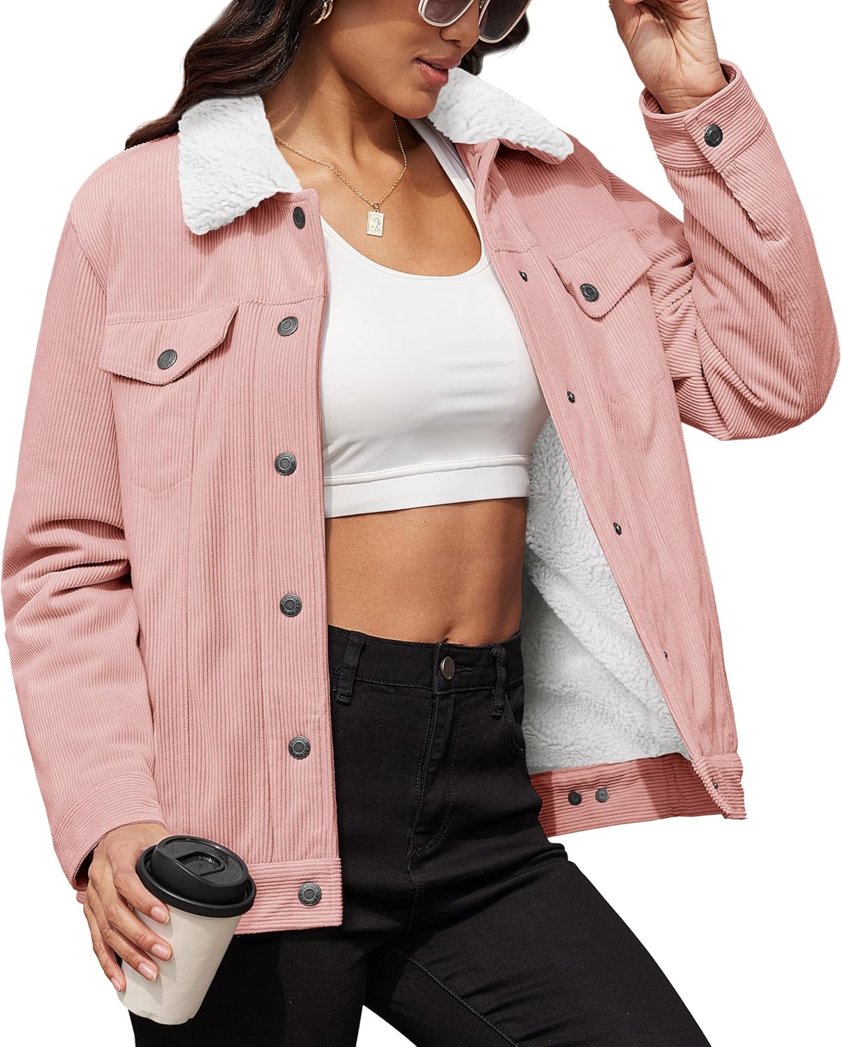 MAGCOMSEN Women's Corduroy Jacket Sherpa Fleece Lined Warm Winter Coat Button Down Casual Jacket with Pockets