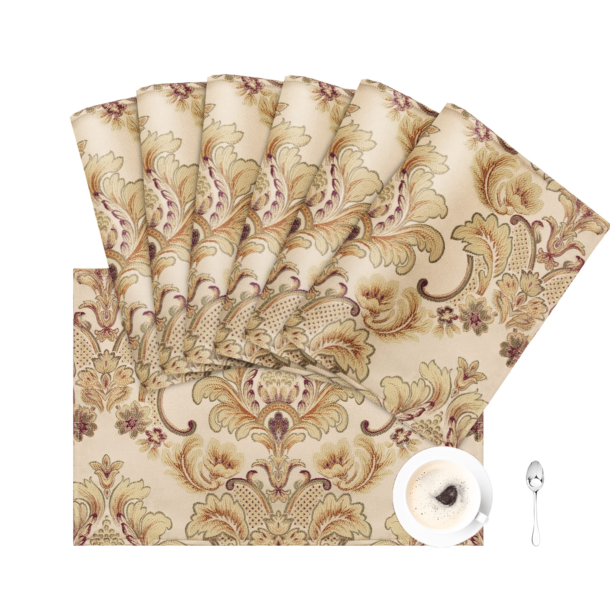 Loom and Mill Luxus-Tischsets, 6 Stück, florales Damast-Jacquard-Stoff, rutschfeste Tischsets für Esszimmer, Küche, Party, Urlaub, langlebige und waschbare Esstischsets (Khaki, 30.5x45.7 cm)
