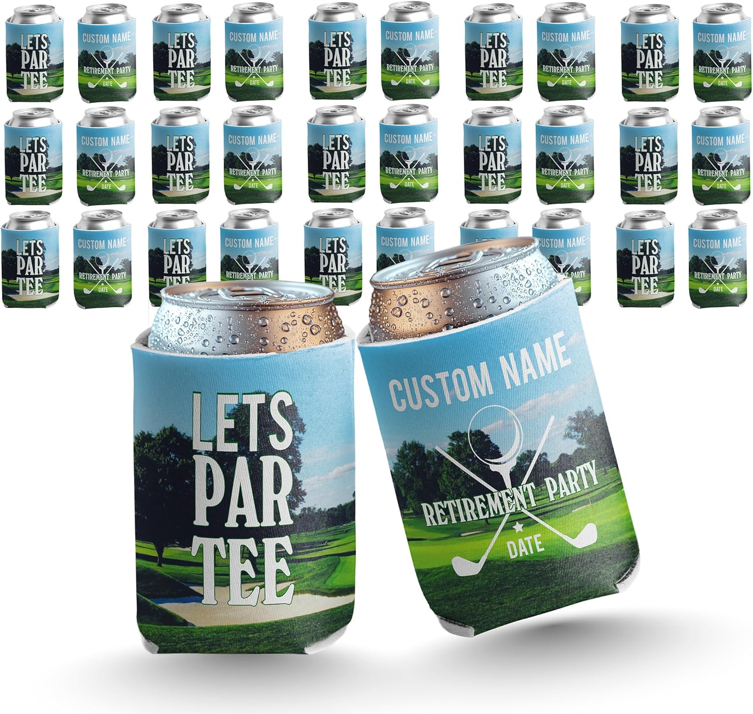 Custom Golf Can Coolers – “Let’s Par-Tee” Design – Personalized Drink Sleeves for Golf Outings, Tournaments & Bachelor Parties – Fits 12-16 oz Cans & Bottles – Set of 12 – by VictoryStore