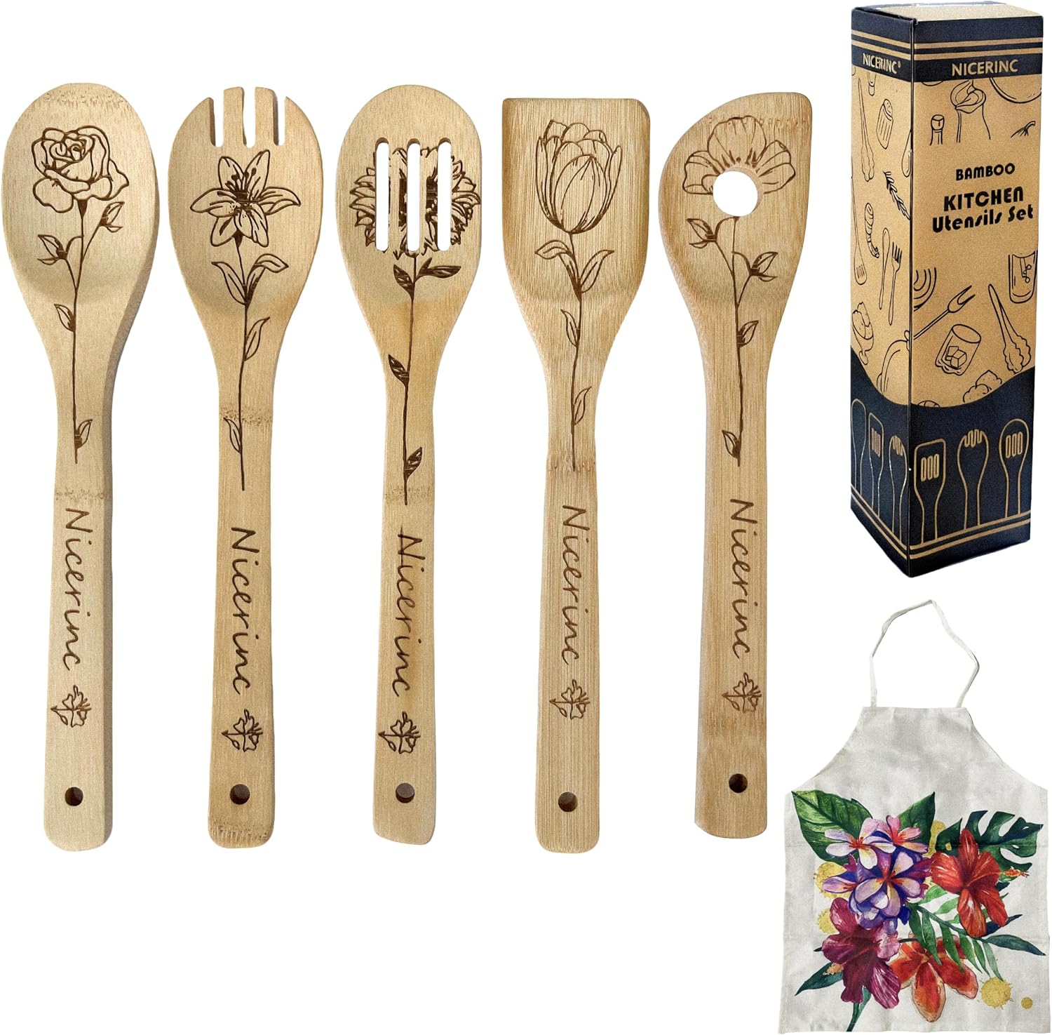 6PCS Bamboo Cooking Spoons,Lightweight & Durable Utensils Set include Unique Bamboo Cooking Spoons Spatulas & Apron,Kitchen Utensils Set Birthday Mothers Day Gifts for Mom,Women(Flower Style)