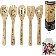 6PCS Bamboo Cooking Spoons,Lightweight & Durable Utensils Set include Unique Bamboo Cooking Spoons Spatulas & Apron,Kitchen Utensils Set Birthday Mothers Day Gifts for Mom,WomenFlower Style