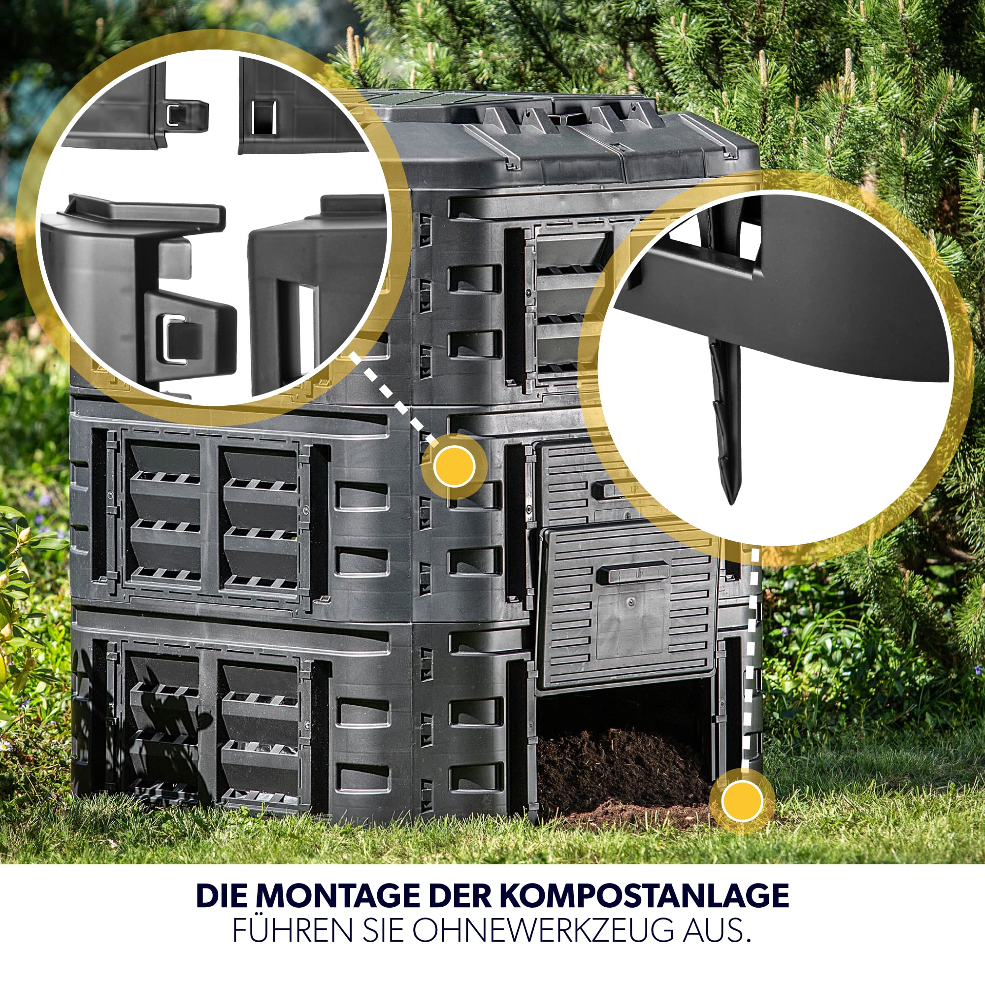 KADAX Modul-Kompostanlage, Schnellkomposter aus Kunststoff, Komposter mit Druckknöpfen, schwarzer Thermokomposter mit klappbarem Deckel (860L)