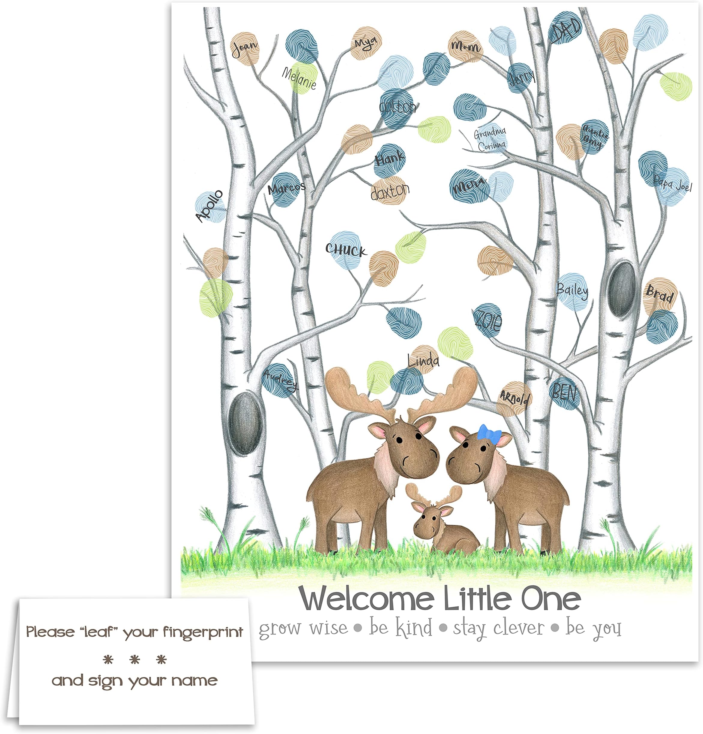 Customized Moose Themed Baby Shower Fingerprint Tree, Moose Nursery Decor, Woodland Baby Shower Thumbprint Poster