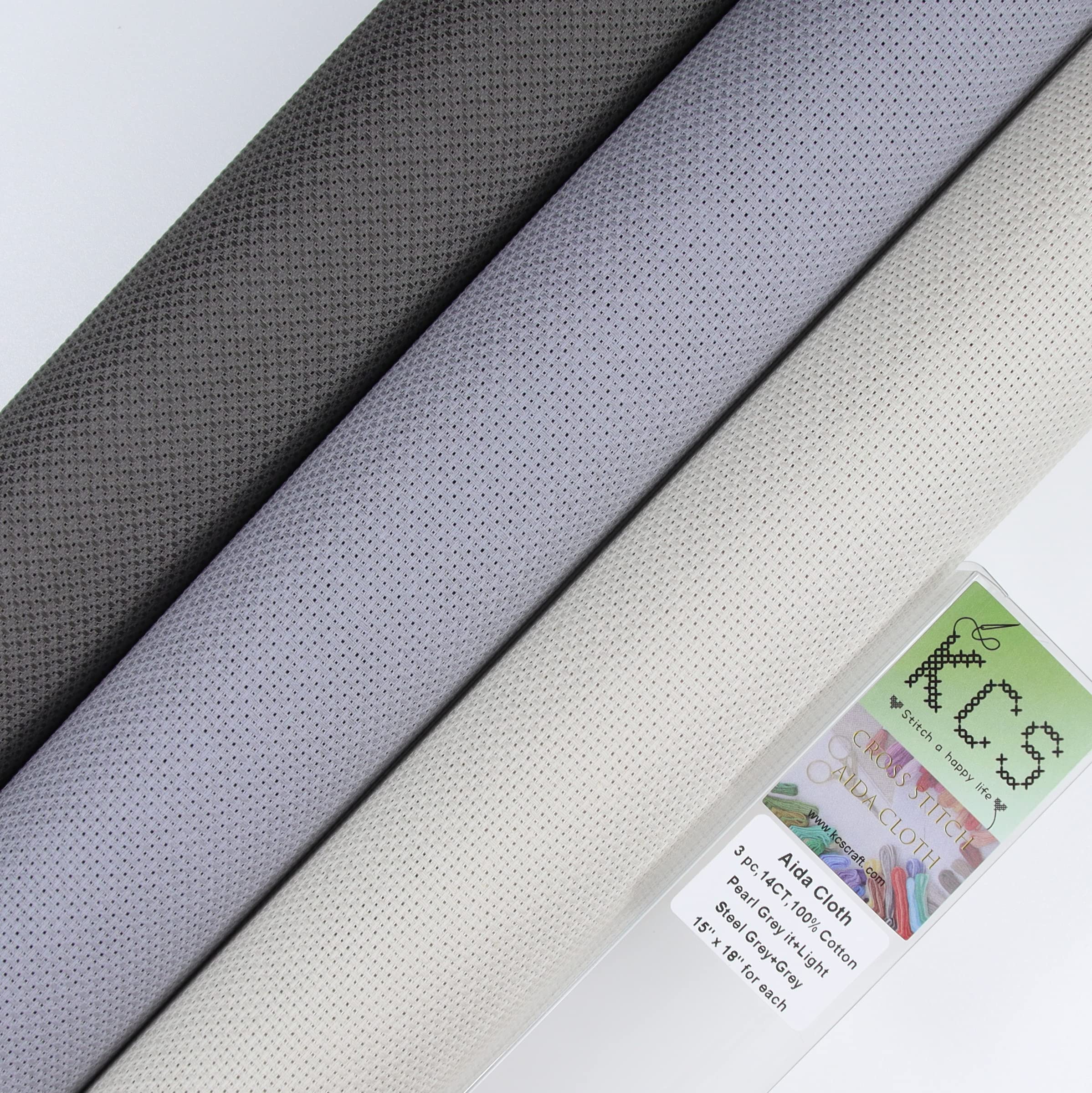 KCS 3 pc of 15" x 18" Counted Cross Stitch Cotton Aida Cloth Needlework Fabric,14CT,Pearl Grey +Light Steel Grey+Dark Grey