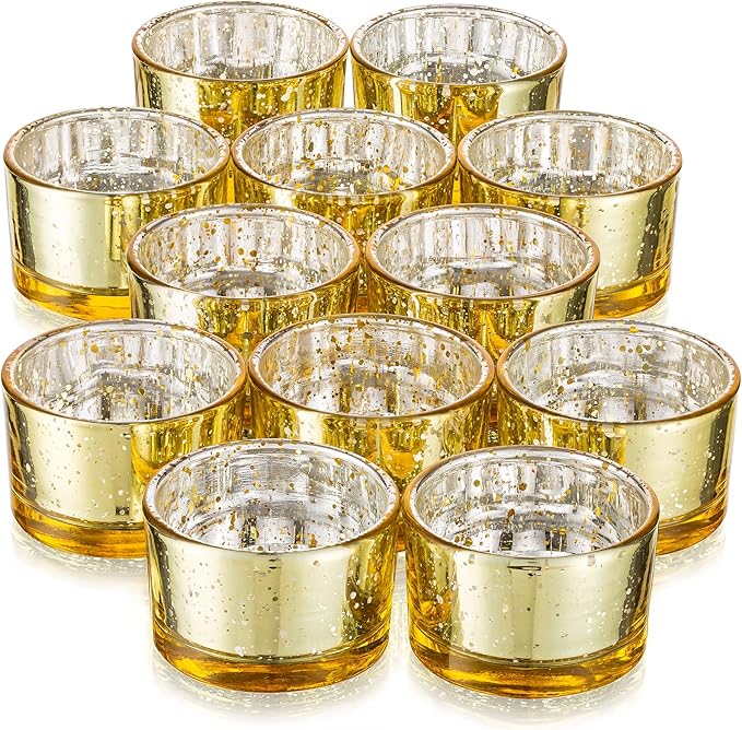 Glasseam Tealight Holders Glass Candle Holder, 12Pcs Mercury Gold Tea