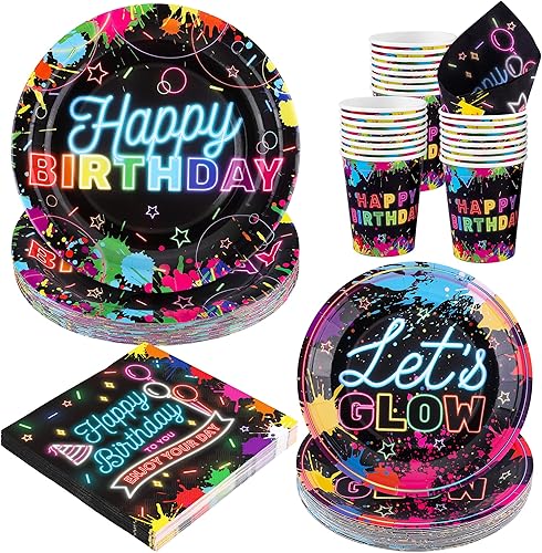Durony 100 piezas de suministros de fiesta de neón que brillan en la oscuridad, incluye platos de papel, vasos, servilletas, decoraciones de fiesta