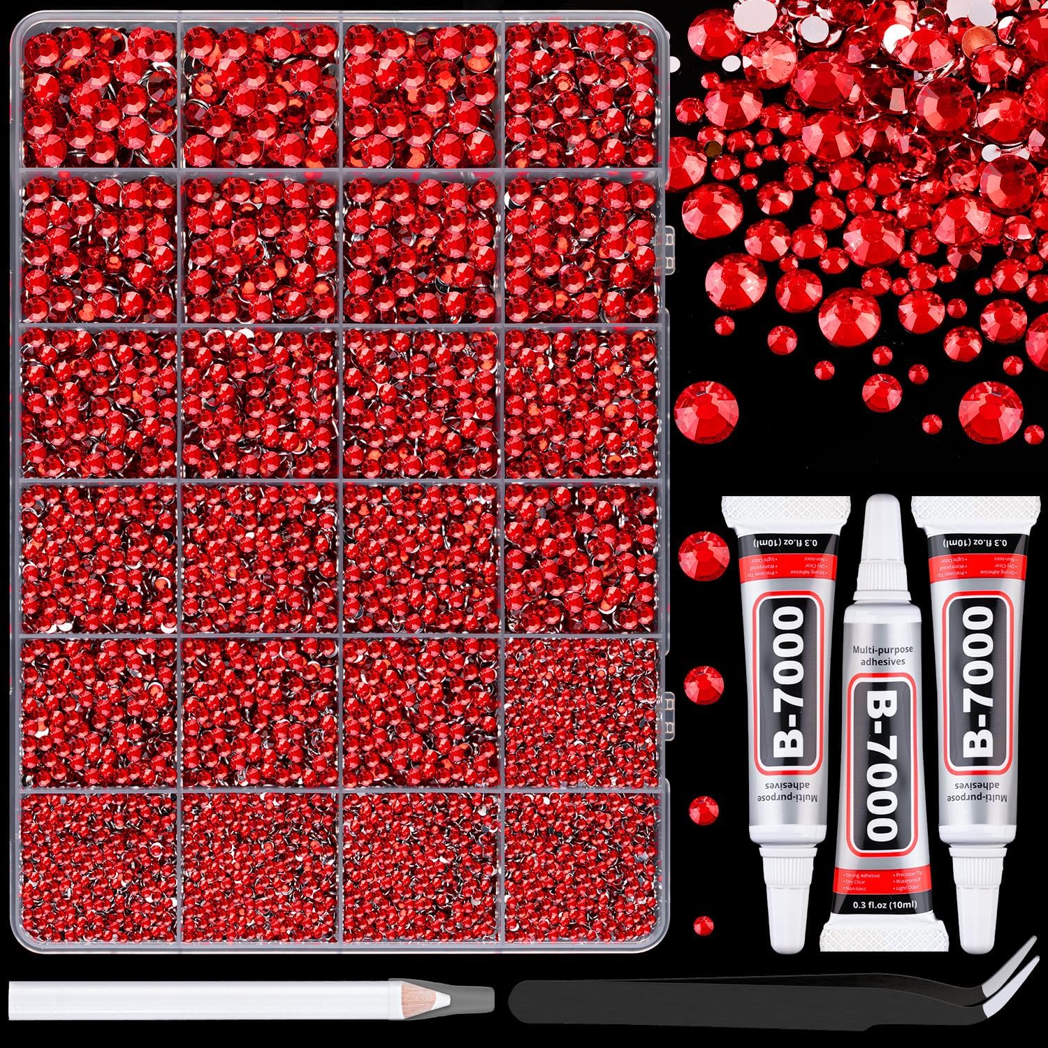 TINKRSTUFF 25000Pcs Resin Rhinestones with Tweezers for Crafting, Red Non Hotfix Flatback Gems, Bedazzling Crystal with 3Pcs 10ml B7000 Jewelry Glue for DIY Crafts Clothing Tumblers Shoes Fabric Decor
