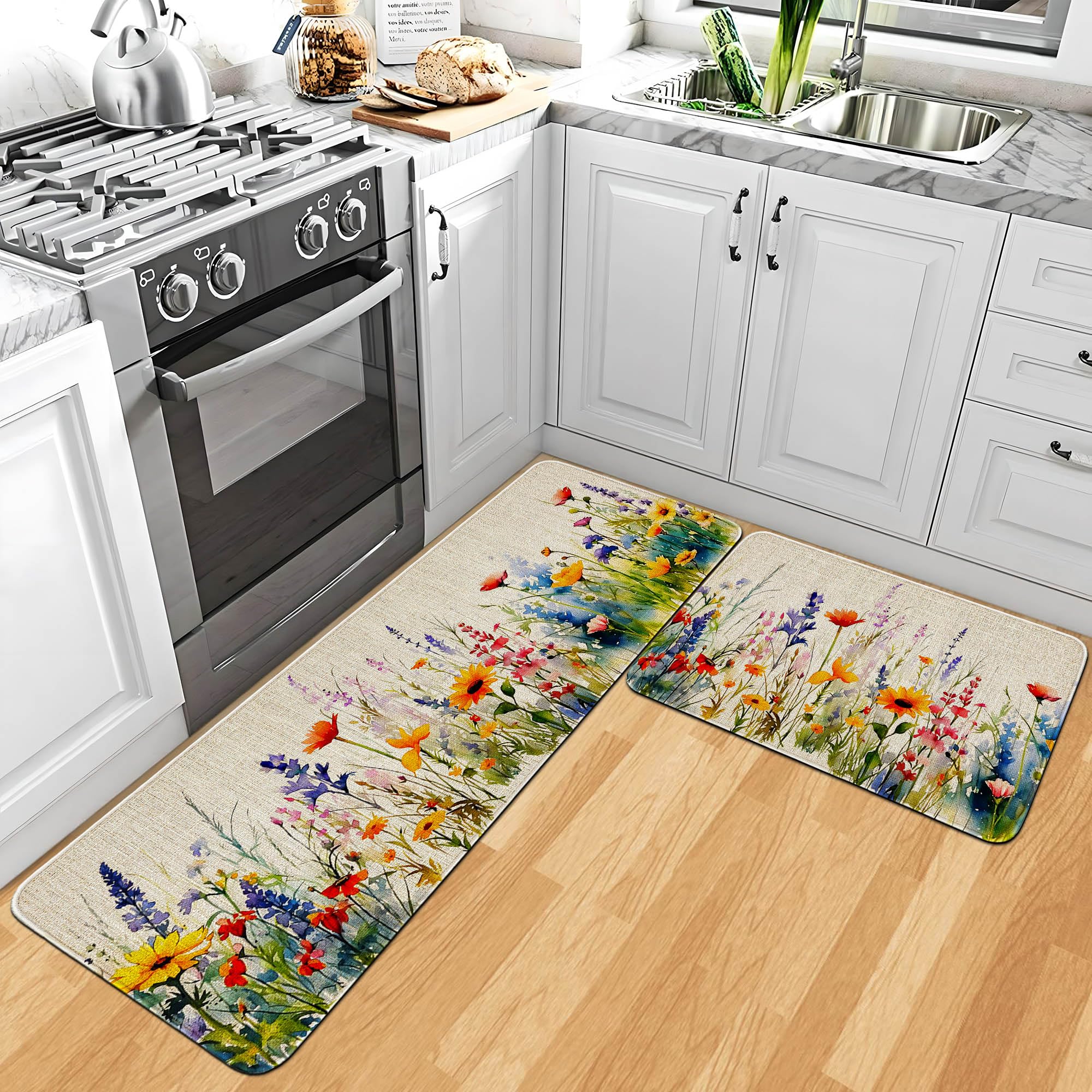 Trengaois Floral Elegance Kitchen Mat Set - 2 Piece Anti-Slip Linen Top Comfort Mats, 17
