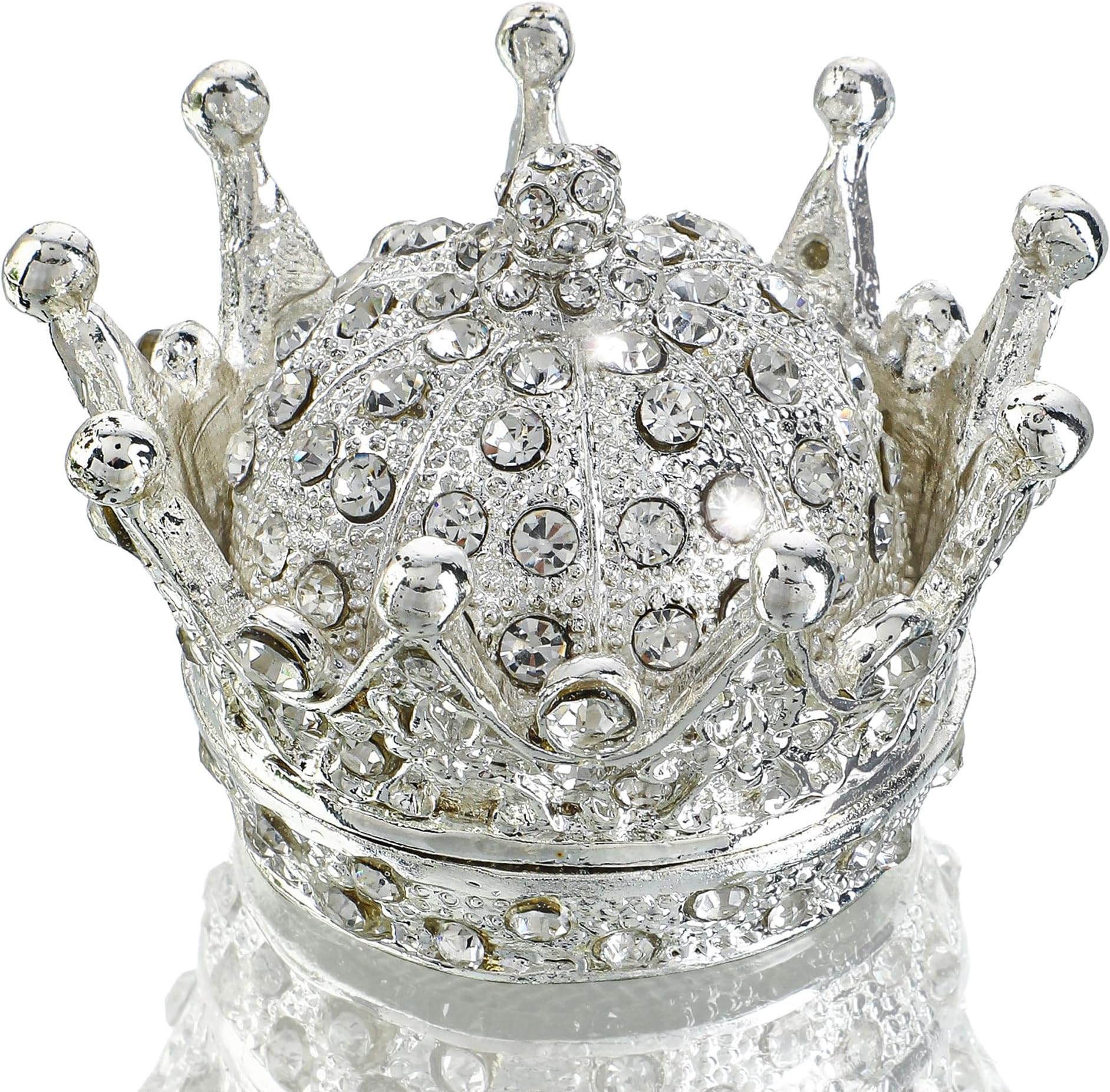 YU FENG 2.8inch Silver Crown Trinket Boxes Hinged Collectible Rhinestones Jeweled Enamel Decorative Jewelry Ring Holder Box Christmas Gift