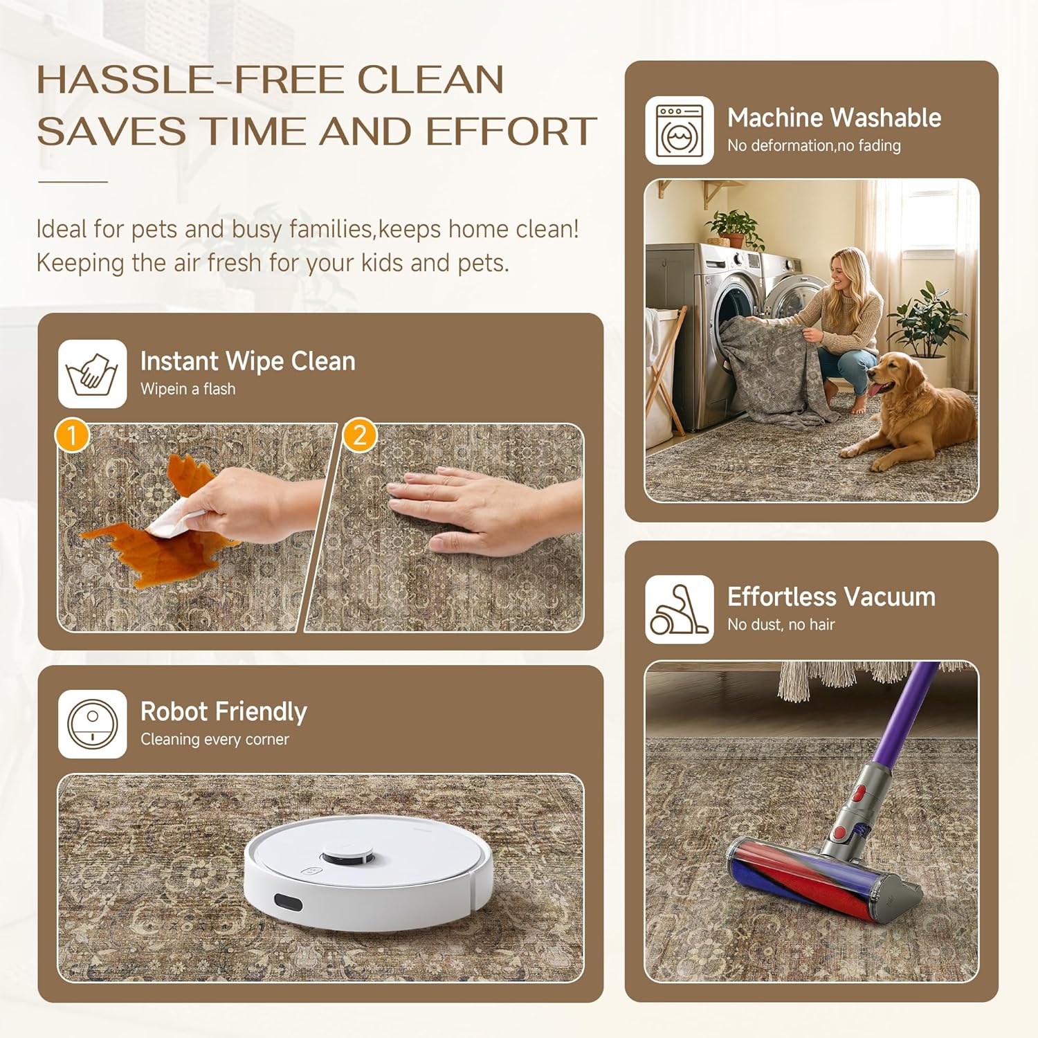 HUGEAR 3x5 Entryway Area Rug Vintage Brown Small Rug Machine Washable Door Mat Retro Floral Low Pile Carpet Vacuumable Distressed Throw Rug Entrance Kitchen Bedroom Bathroom Non Slip Lightweight - Image 6