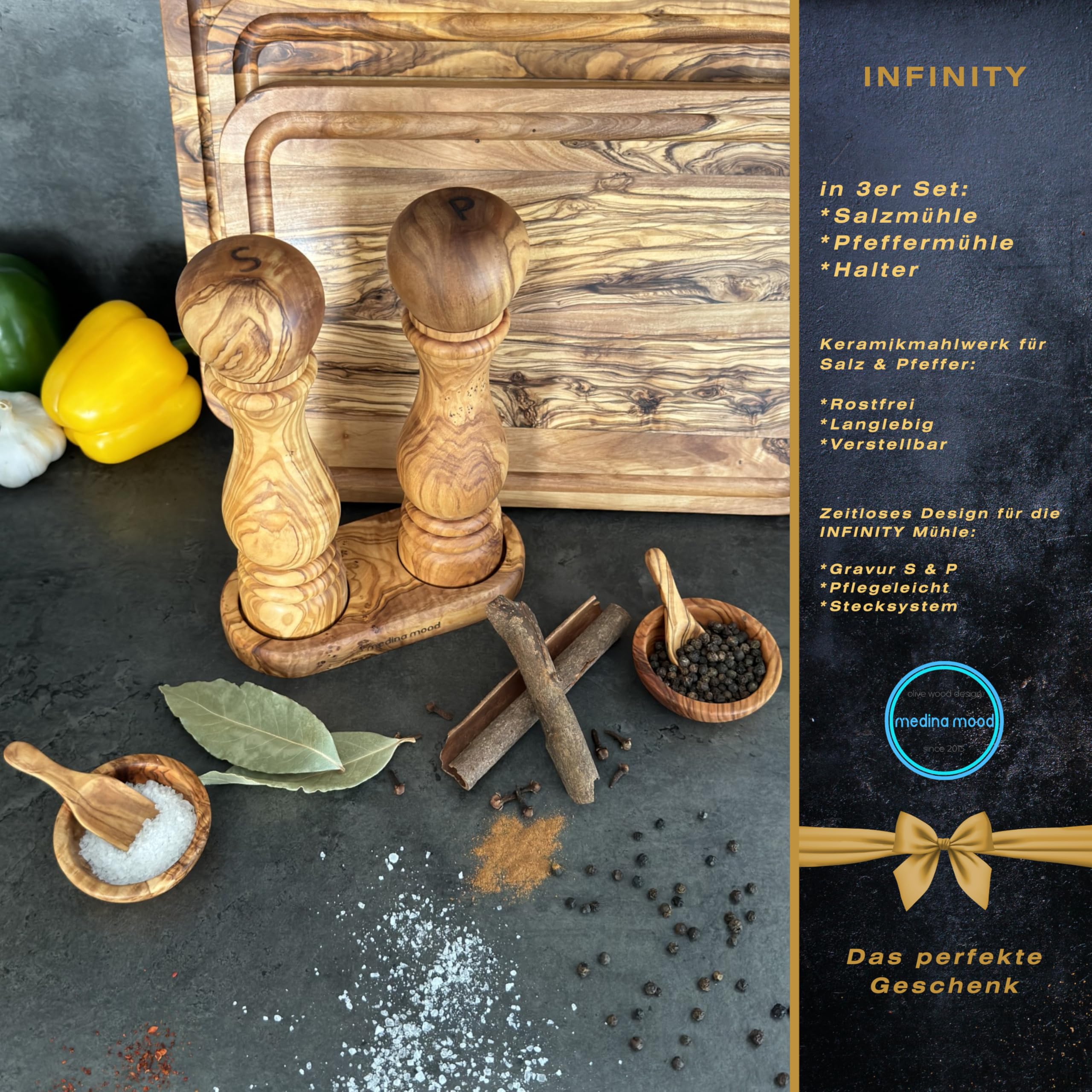 Zestaw młynków do soli i pieprzu "Infinity" z uchwytem z wysokiej jakości drewna oliwkowego ceramiczny mechanizm mielący regulowany (duży)