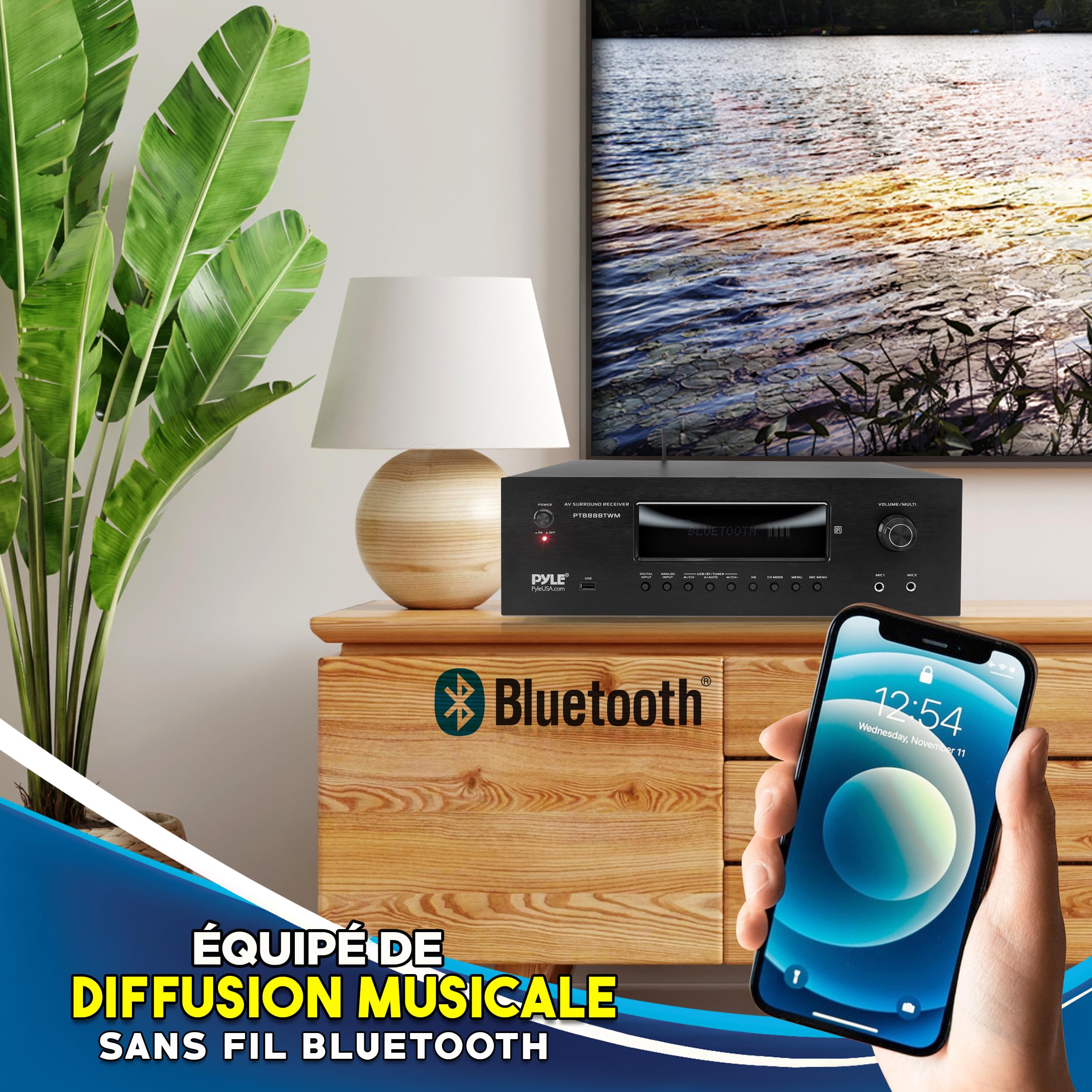 Pyle Récepteur Home Cinéma Bluetooth 5.2 1000W – Amplificateur Stéréo Karaoké avec 2 Micros sans Fil UHF, HDMI 4K/3D, MP3/USB, Radio AM/FM – Égaliseur DSP, Écho & Contrôle Volume Micro – Noir