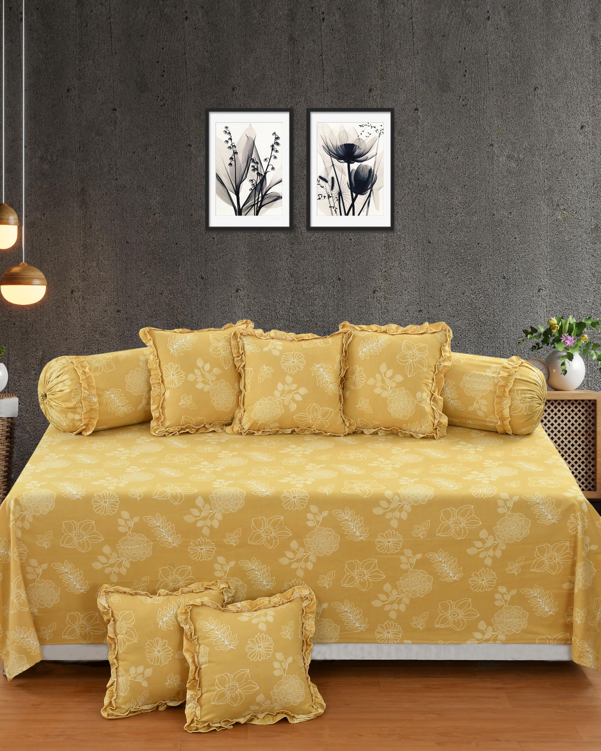 Amazing Cotton Floral Designer Frill Diwan Set of 8 Pieces for Living Room Dining Hall (1 Single Bedsheet, 5 Frill Cushion Covers, 2 Frill Bolster - Set of 8) (Yellow)-image-43