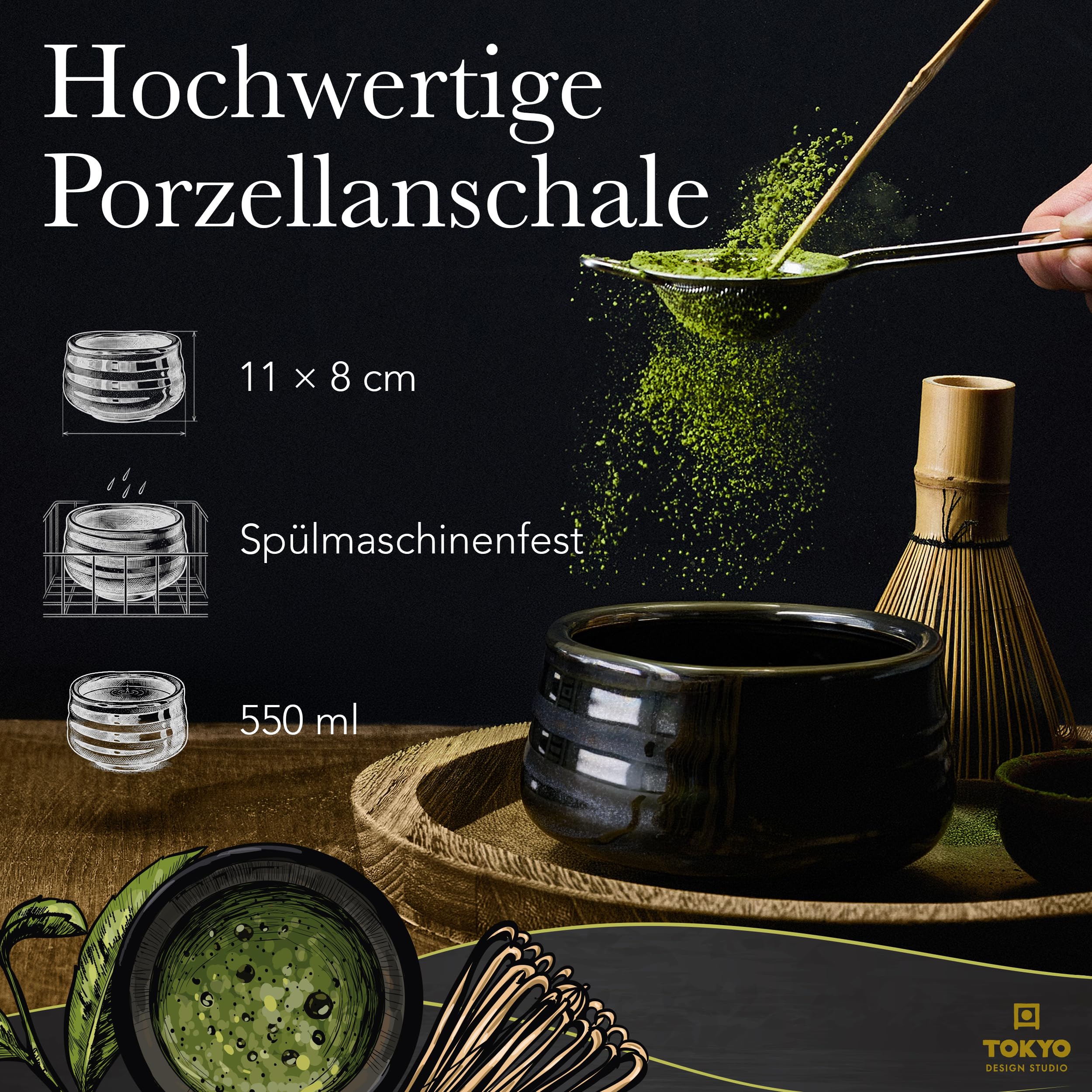 TOKYO design studio – 4-teiliges Matcha Set in hochwertiger Geschenkverpackung - mit Matchaschale, Bambusbesen, Bambuslöffel & Teebesenhalter – Traditionelle Teezeremonie – Edle Keramik in Schwarz