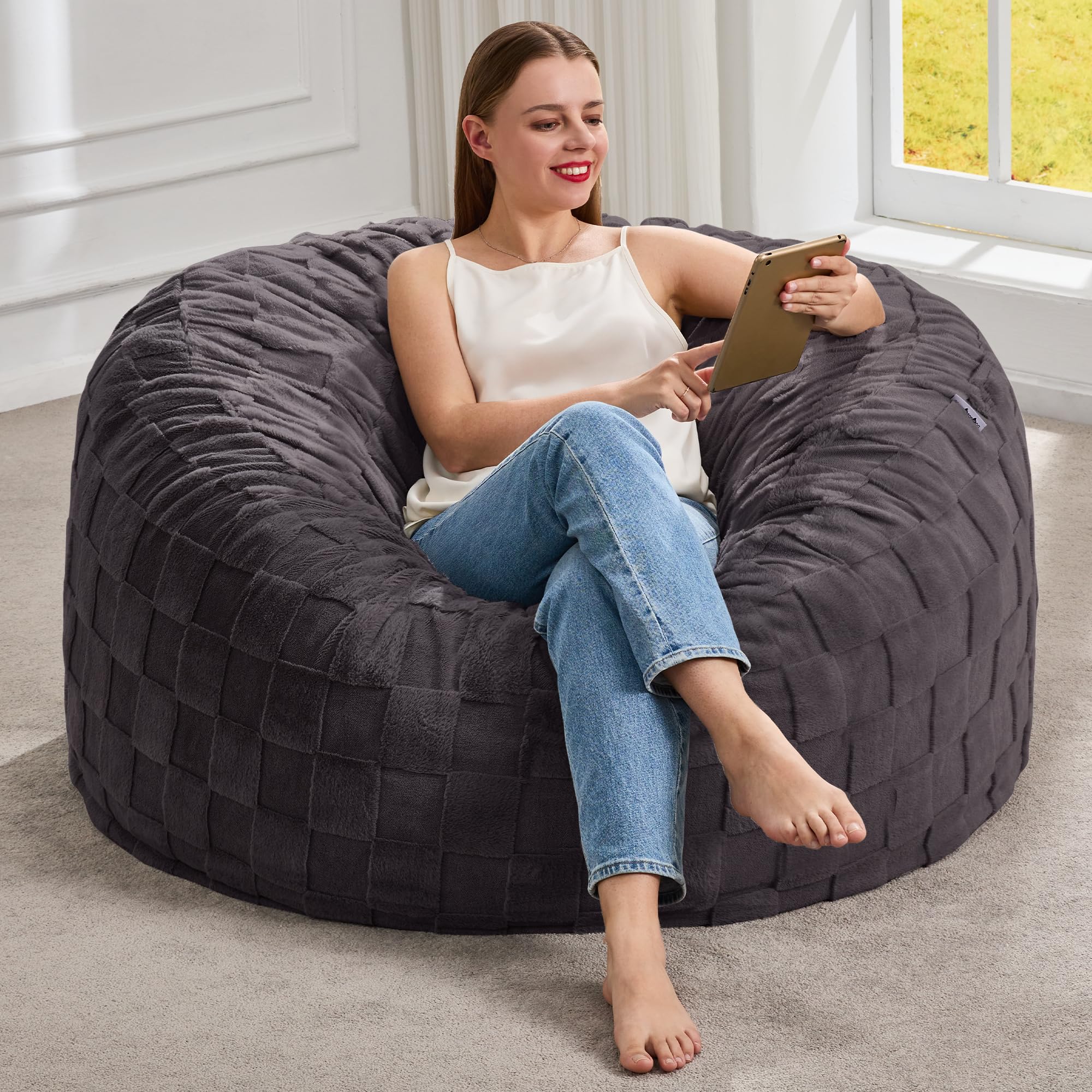 Hobestluk Large Bean Bag Chairs 3FT Big Adults BeanBag Chairs Plaid Cover